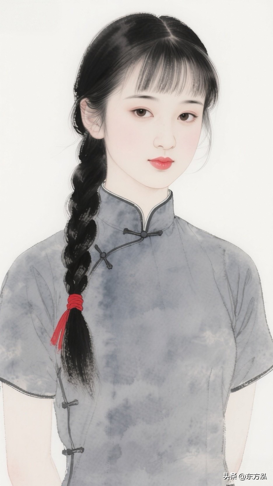 东方泓诗画｜国风佳人 素色旗袍映姣容，青丝长辫缀红缨。 盘扣细密锁诗韵...