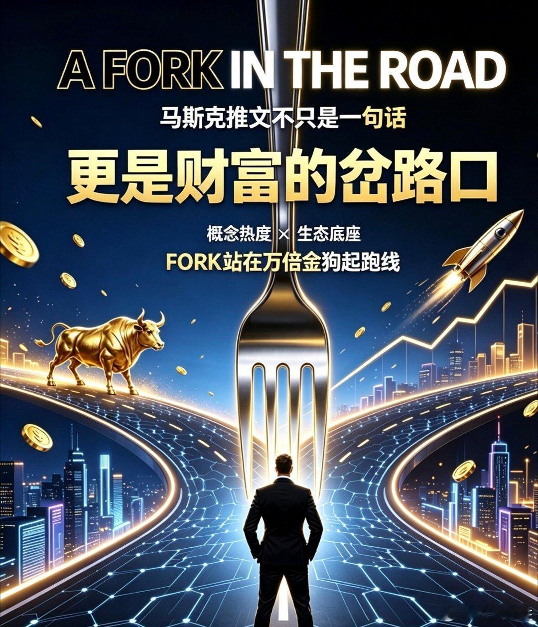 #岔路口FORK[超话]# 为什么马斯克能在无数个岔路口赢到最后？因为真正的强者，敢于在绝境中$FORK出新路！敢于创新，敢于拼搏，跟时代趋势前行#币圈##马斯克##投资##特斯拉[超话]##doge# ​
