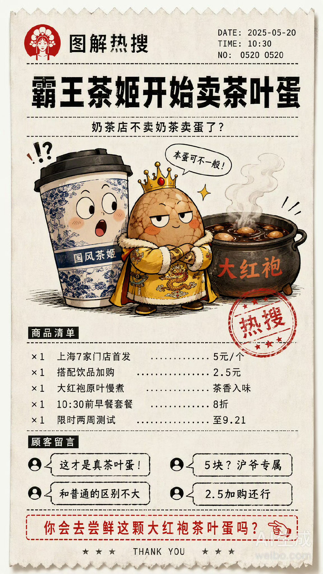 #霸王茶姬开始卖茶叶蛋#
居然有点想吃，哈哈哈哈
可以点外卖么？[允悲][允悲][允悲] ​
