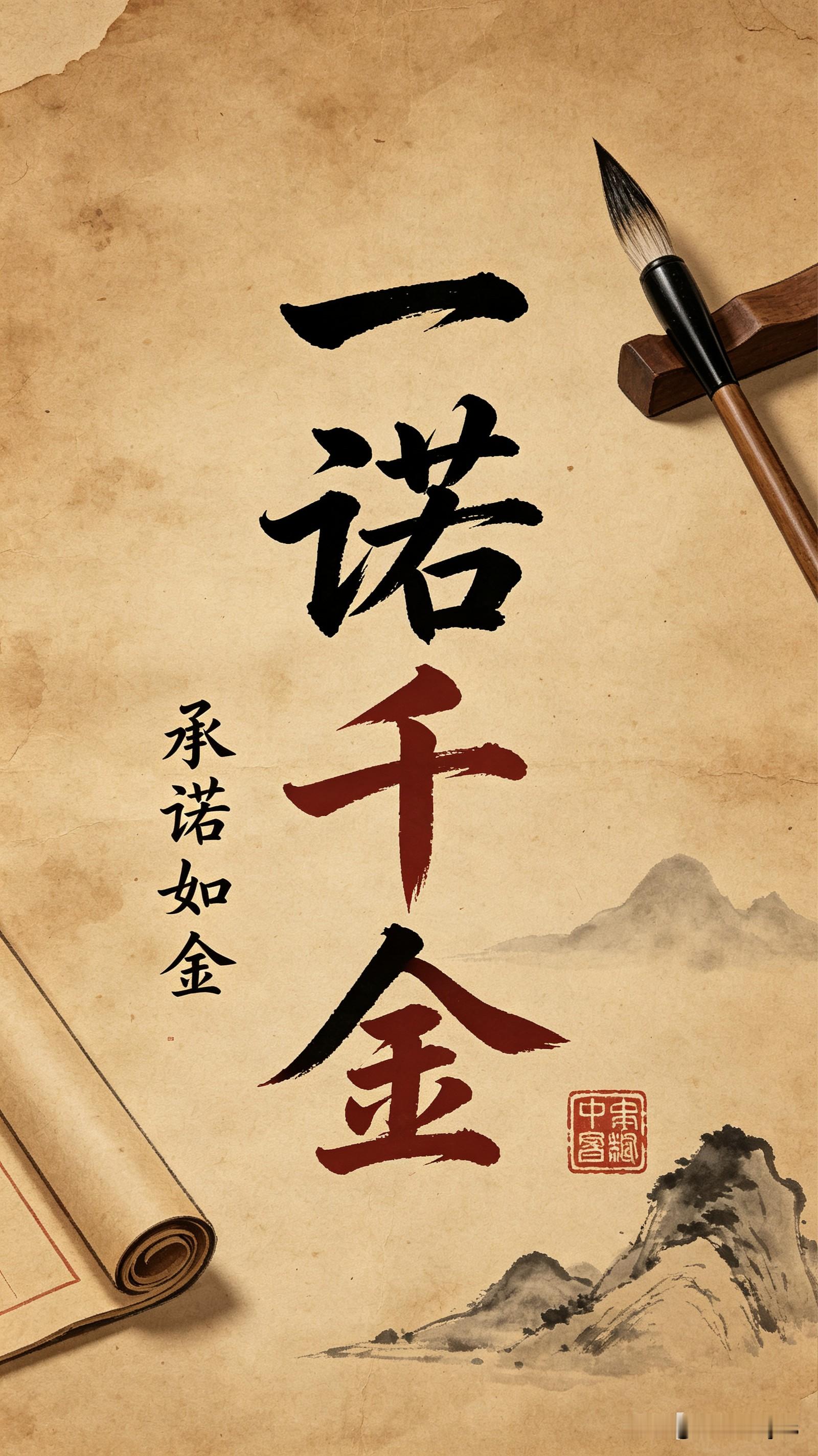 一诺千金
意思是：答应别人的一句话，价值千金；形容人极讲信用，说了就一定算数。其中“诺”是应允、承诺。
它出自《史记·季布栾布列传》的典故：楚人季布曾为项羽部将，多次让刘邦难堪。汉朝建立后，刘邦悬赏通缉季布，但因季布一向重然诺、讲信用，很多人冒着风险帮他藏匿。后来有“得黄金百斤，不如得季布一诺”的说