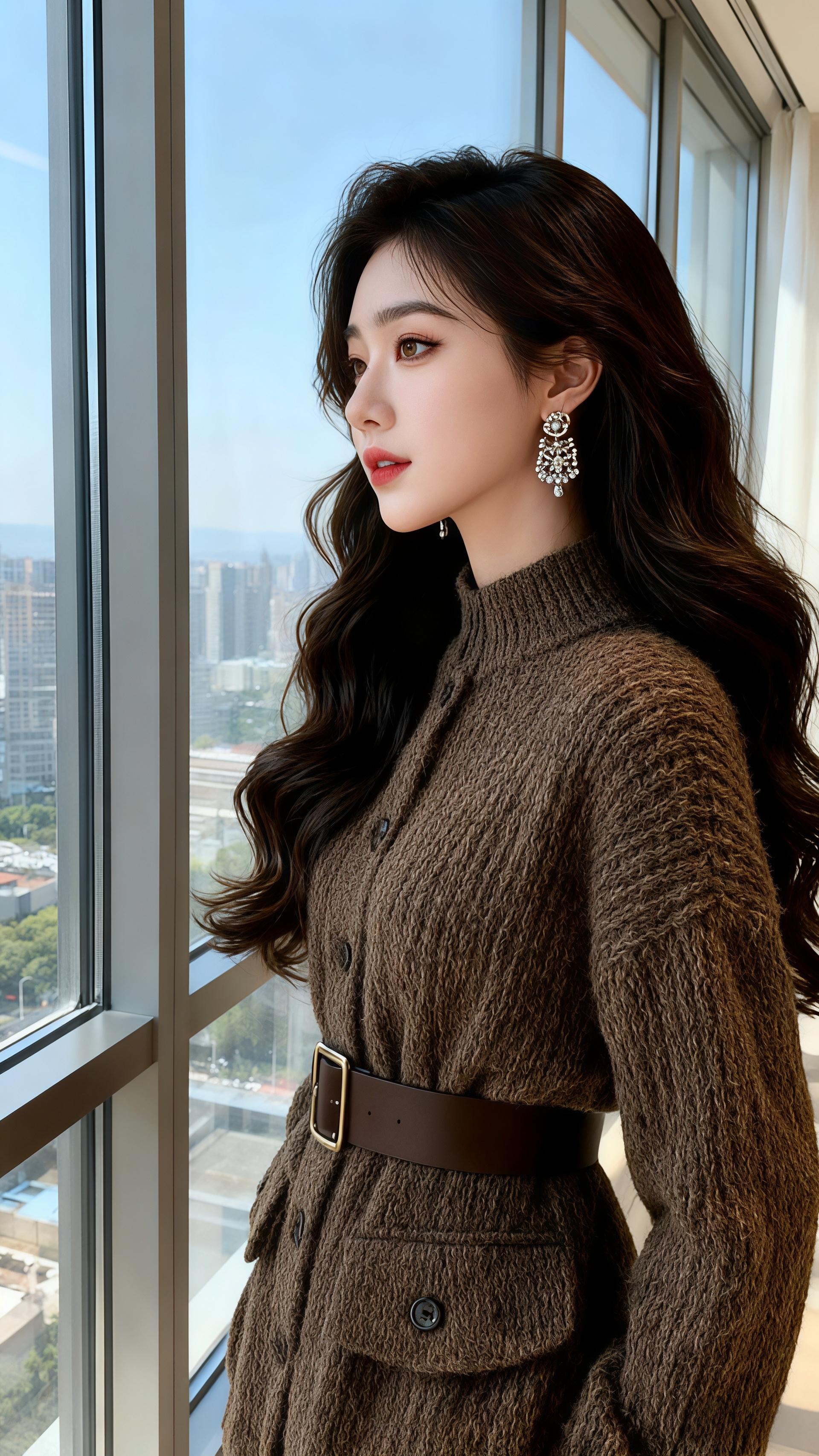 咖色裙的初冬序章，是她把都市穿成了电影帧       梧桐叶卷着细雪落...