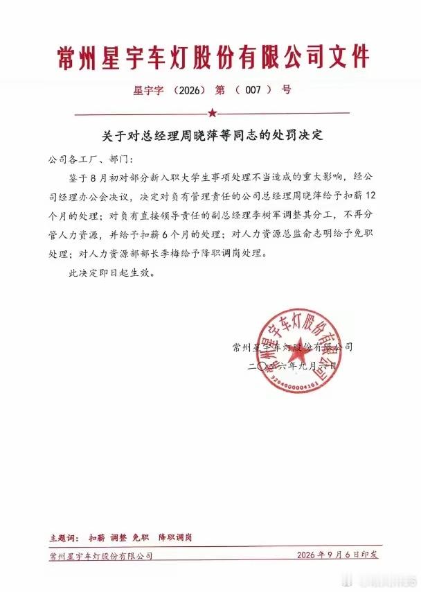 星宇股份对总经理周晓萍等相关责任人作出处罚，文件显示，经公司经理办公会决议，对总经理周晓萍扣薪12个月；对副总经理李树军调整分工，不再分管人力资源，并扣薪6个月；对人力资源总监俞志明免职；对人力资源部部长李梅降职调岗！文件称，上述决定即日起生效。
这个处罚挺有意思的，老板自己罚了自己 ​