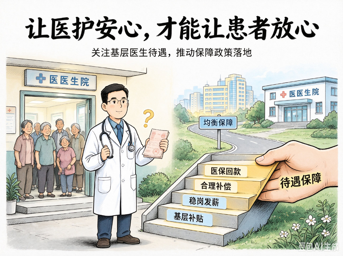 #基层医生发不出工资是真的吗# 医护人员拼在治病救人的第一线，理应得到踏实的待遇保障。不少县域基层医院经营压力不小，更需要政策多加扶持。希望完善基层保障，让医生们没有后顾之忧，安心扎根基层守护大家健康。#渔人说事# ​