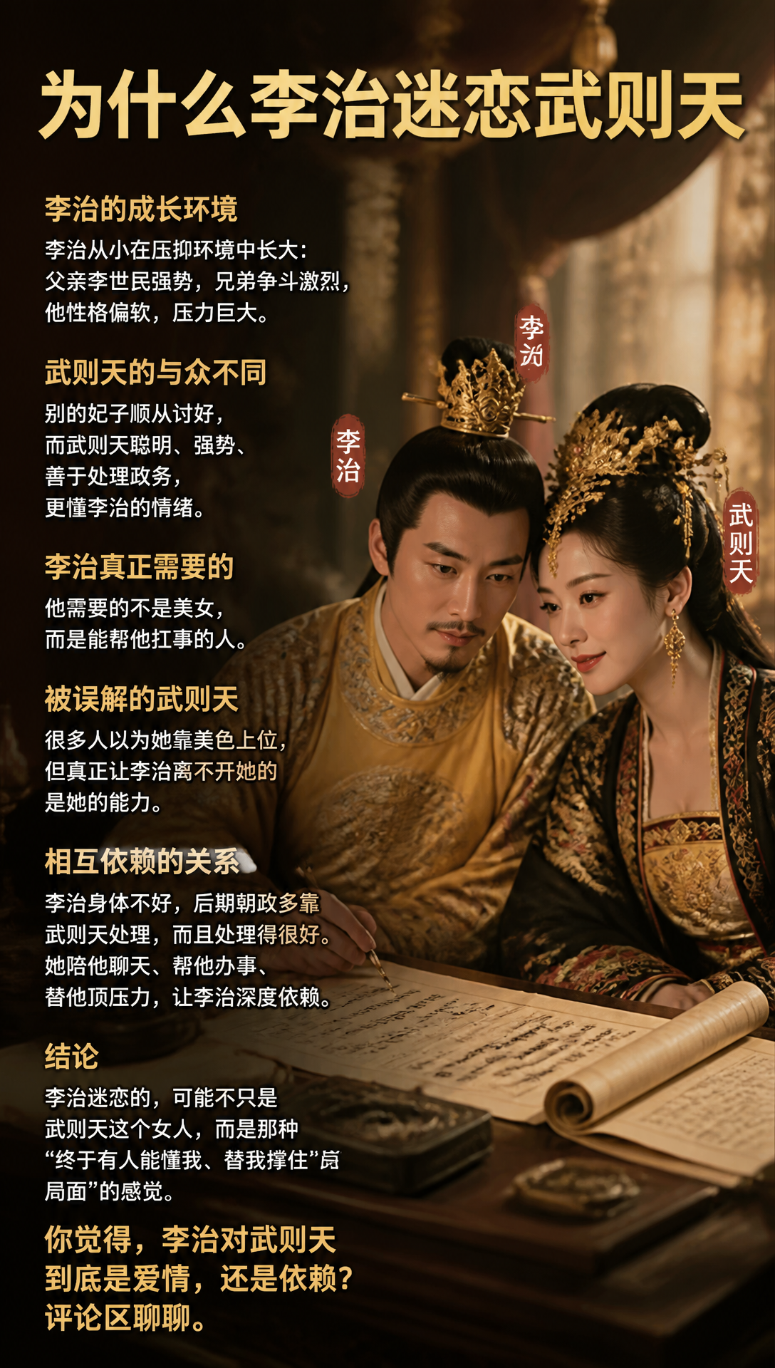 为什么李治迷恋武则天

很多人一直想不明白。

后宫那么多年轻漂亮的妃子，李治为什么偏偏对武则天“上头”了一辈子？

甚至明知道她强势，最后还把大权一步步交给她。

其实很多人忽略了一个关键盲点。

李治从小，就是在“压抑环境”里长大的。

他爹是李世民，历史顶级狠人；哥哥李承乾、李泰天天斗得你
