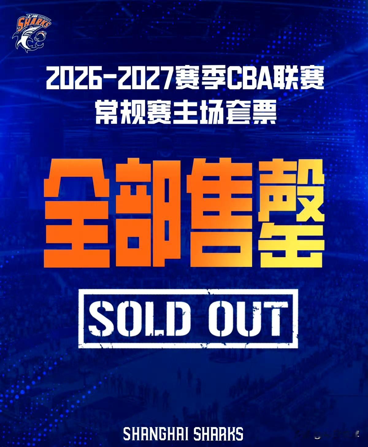 火爆！CBA上海男篮官方官宣，新赛季常规赛主场套票已经全部售罄！万人容量的上海体育馆，套票被球迷一抢而空，足以见证大鲨鱼如今超高的人气。
这股球市热度，根源就是成绩永远是票房最好的保障。上赛季上海拿下CBA总冠军，把球队人气推上一个新台阶。休赛期继续加码，续约夺冠功臣古德温，重磅引入拉塞尔、麦基，豪