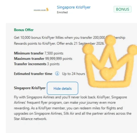 09.21结束，Amex转新航限时加赠1万分了~