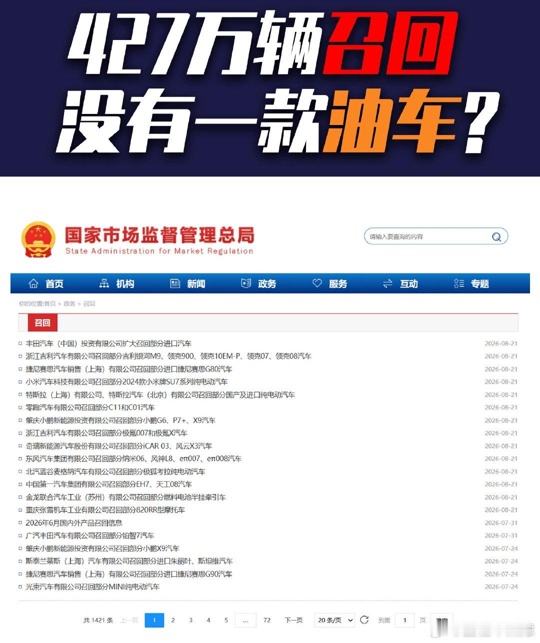 #427万辆召回 没有一款油车#

老车主的命也是命啊！只要牵扯安全问题，肯定会召回，不然质量监督的意义何在？
油车也不能保证不召回，甚至换代了老款还召回，很正常，但是为了标新立异而召回，就有点得不偿失了，车企在立项的时候切记！千万别在安全方面整花活了！尤其是隐藏式门把手！纯粹脱裤子放P的 ​