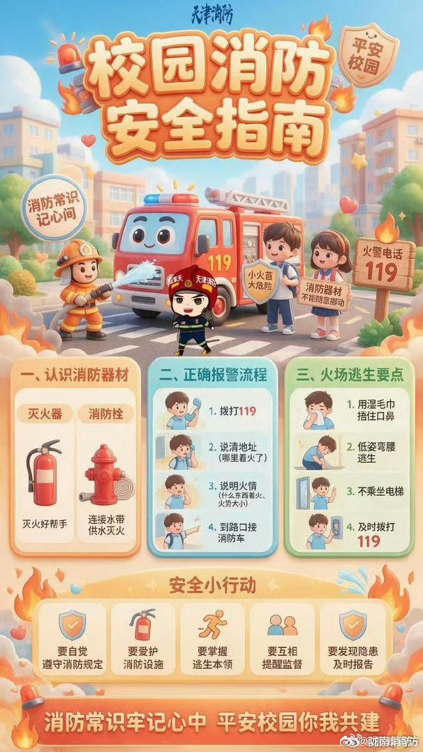【#校园消防安全知识小贴士#】校园安全无小事，学习再忙，防火安全也一定要注意！杜绝火灾风险隐患，尽享美好校园生活，基本的消防消防安全常识一定要记牢。更多校园消防安全知识，戳图了解 ​​​