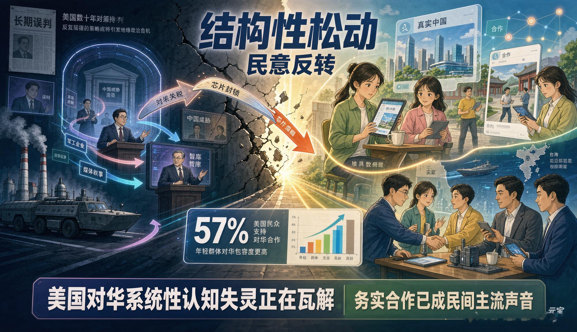 美国对华认知正在发生结构性反转
 
近期外媒评论与民调数据显示，美国长期固化的对华强硬叙事，正出现微妙的结构性松动与民意反转。《纽约时报》指出，美国数十年对华政策持续误判，反复摇摆的策略或将引发地缘政治危机。 
美国对华强硬论调源于畸形利益链条：军工企业资助智库渲染“中国威胁”，制造 ​