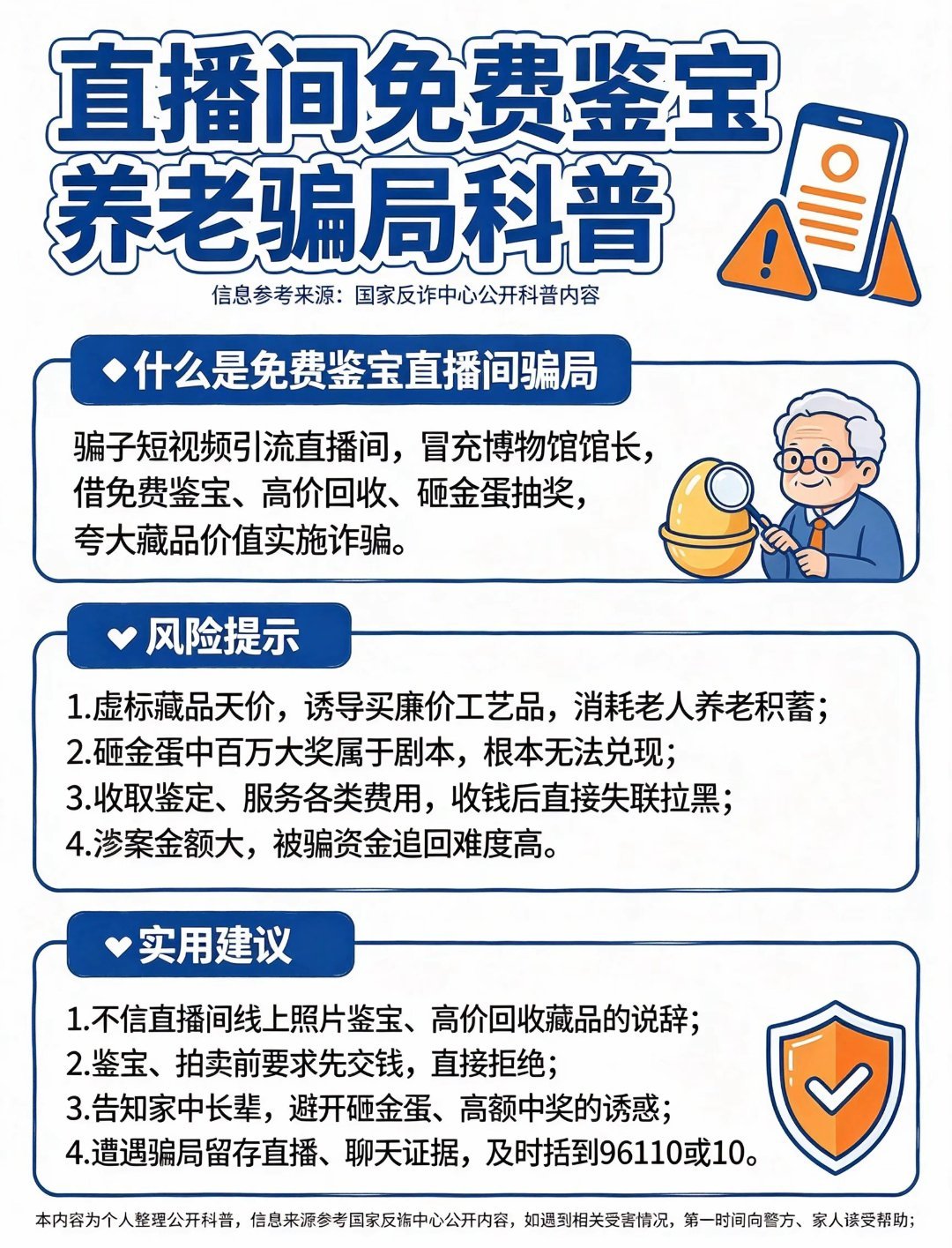 🔹直播间免费鉴宝养老骗局科普
信息参考来源：国家反诈中心公开科普内容
 
💡什么是免费鉴宝直播间骗局
骗子短视频引流直播间，冒充博物馆馆长，借免费鉴宝、高价回收、砸金蛋抽奖，夸大藏品价值实施诈骗。
 
⚠️风险提示
1.虚标藏品天价，诱导买廉价工艺品，消耗老人养老积蓄
2.砸金蛋中百万大奖 ​