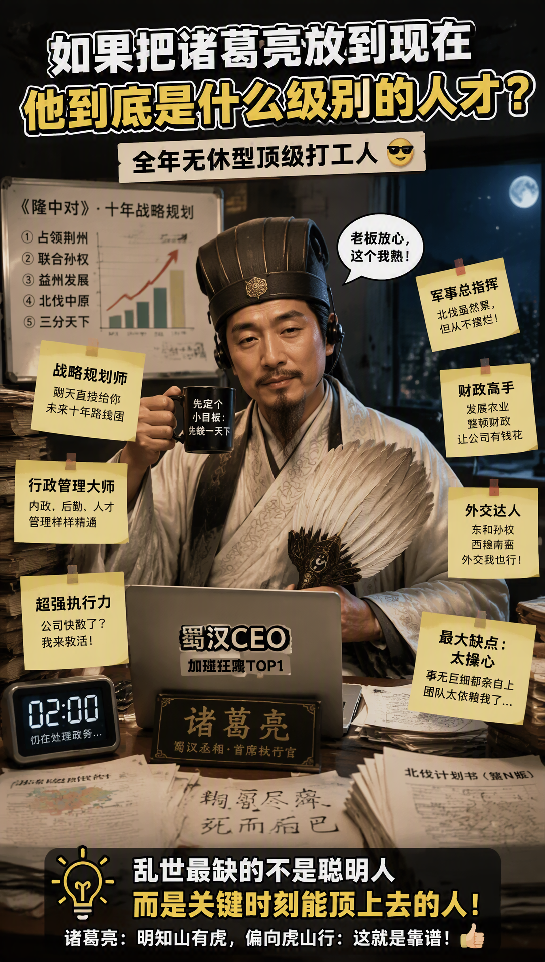 如果把诸葛亮放到现在，他到底是什么级别的人才？

很多人觉得，诸葛亮最大的本事是“算得准”。

其实不对。

诸葛亮真正厉害的地方，是他一个人，干了好几家公司高管的活。

战略他懂，管理他会，财政他抓，后勤他管，外交他也能聊。放到今天，妥妥属于“全年无休型顶级打工人”。

刘备第一次见诸葛亮的时候，