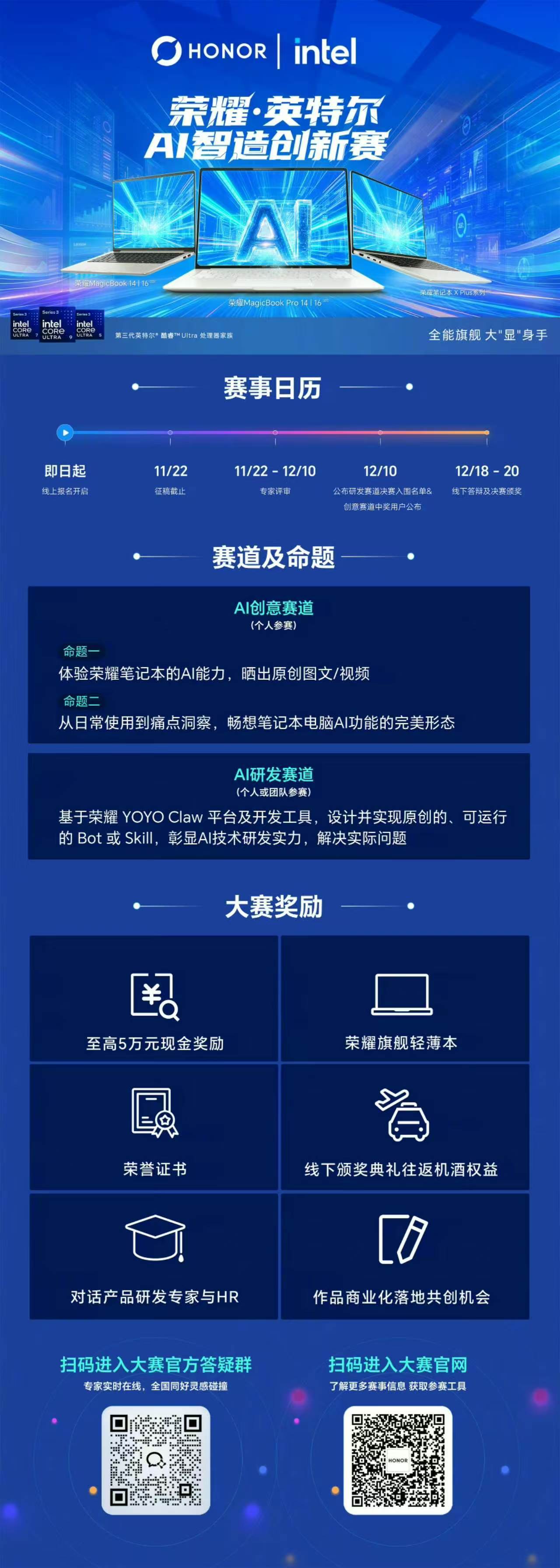荣耀英特尔AI智造创新赛正式启动
 
荣耀联合英特尔推出AI智造创新赛，现已开启线上报名。大赛设置AI创意、AI研发两大赛道，创意赛道面向个人，产出AI笔记本相关原创内容；研发赛道支持个人或团队，依托荣耀YOYO Claw平台开发Bot与Skill。
 
赛事11月22日截止征稿，12月18‑20日举办线下答辩与颁奖。赛 ​
