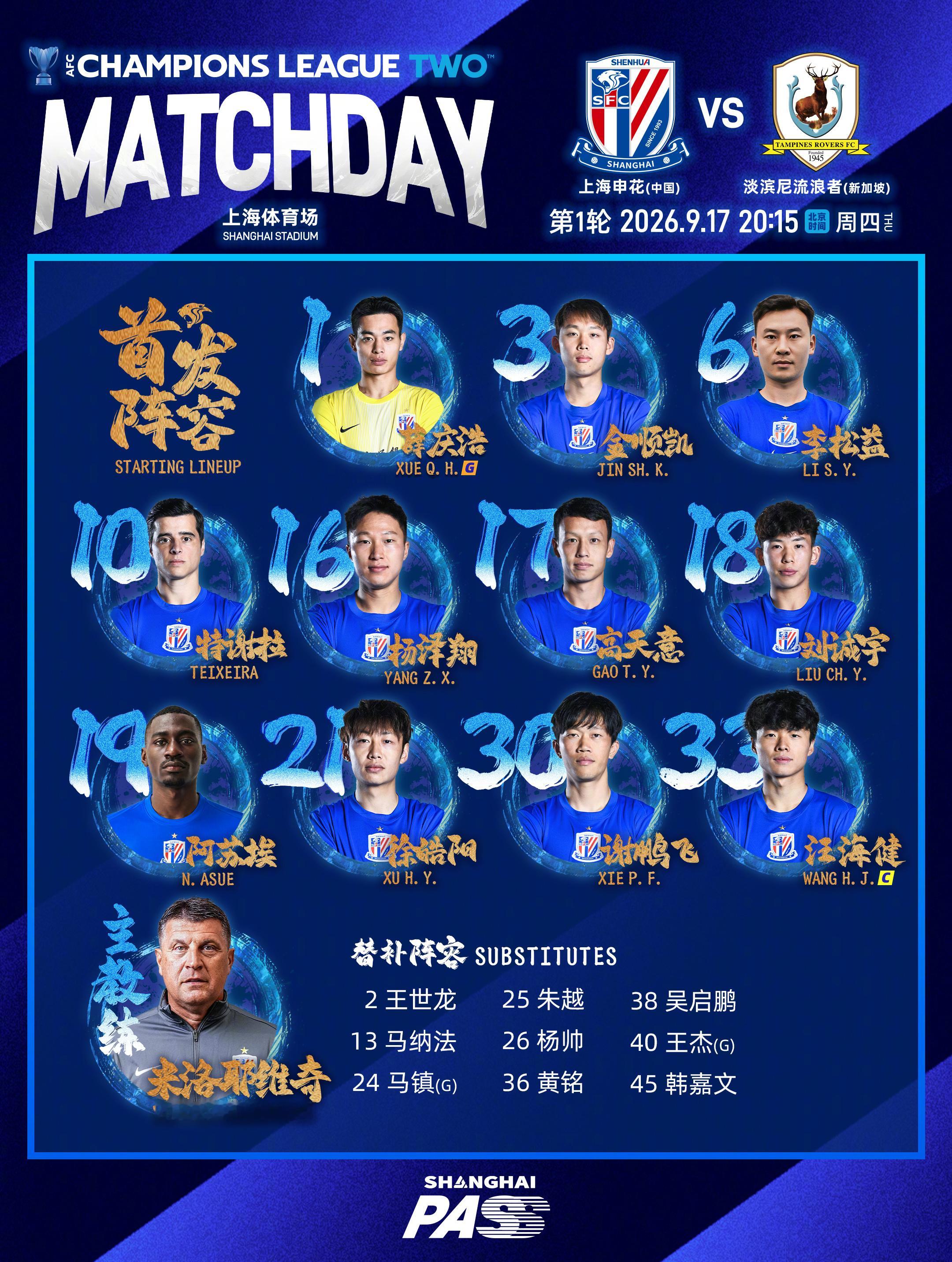 亚冠上海申花[超话] 2026/27 亚冠二级联赛第1轮 上海申花 vs 淡滨尼流浪者 首发名单 ​​​
