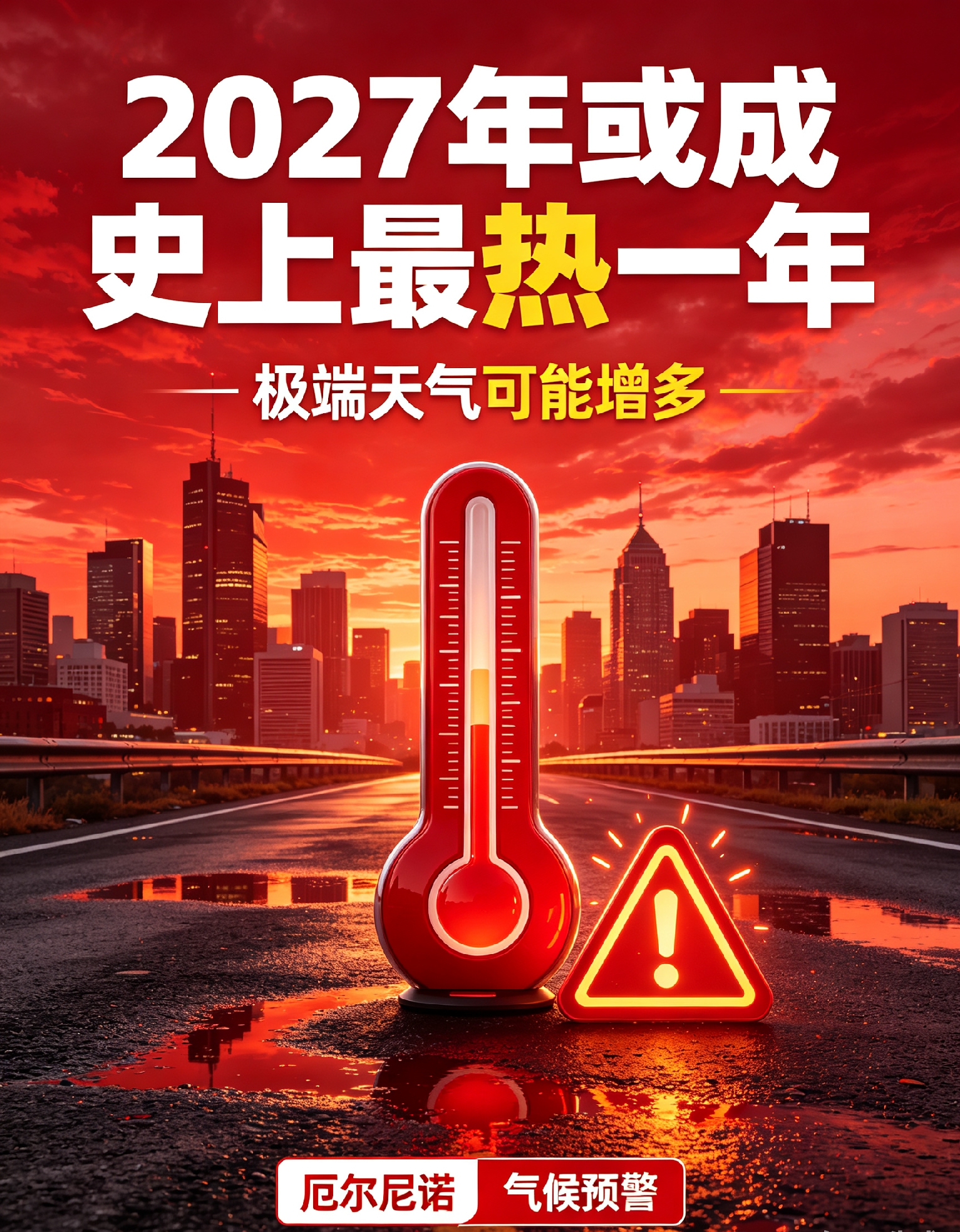 世界气象组织发布最新气候预警，超强厄尔尼诺已经形成，受它叠加全球变暖的影响，2027年大概率会成为人类有气象观测以来最热的一年。
 
本轮厄尔尼诺峰值预计在今年年底到来，持续到2027年2月的可能性接近100%，会