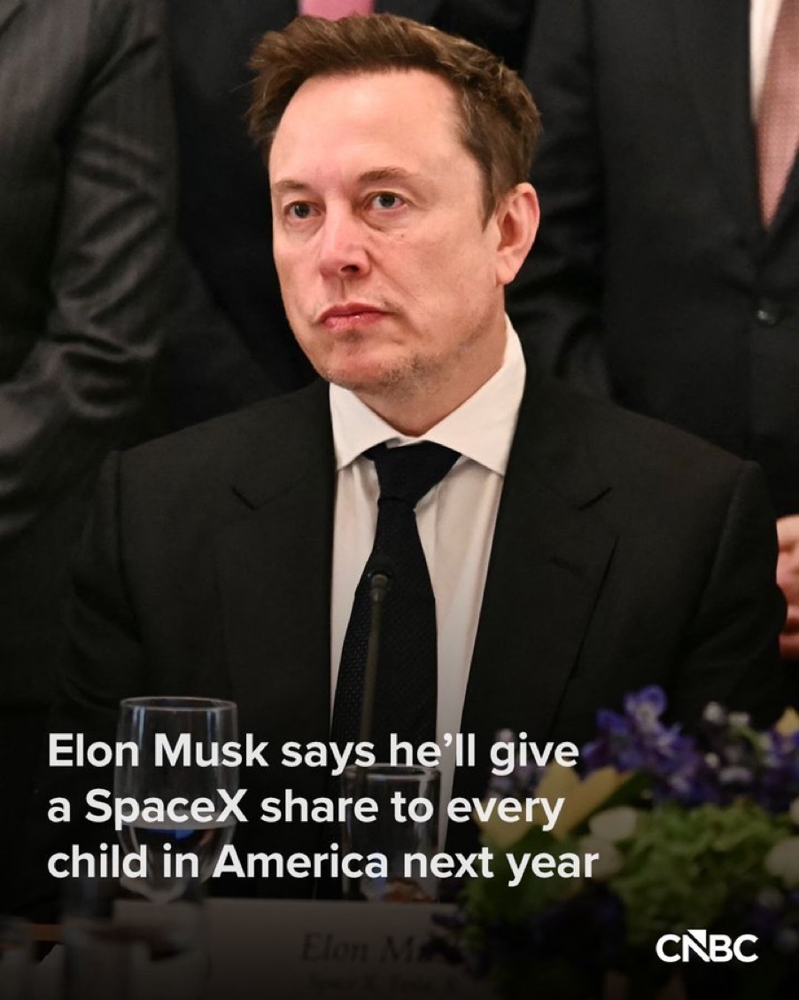 马斯克放出大招：2027年给美国每个孩子送一股SpaceX股票，价值多少

如果有一天，孩子一出生就拥有一家航天公司的股票，你觉得这会改变他们的未来吗？

当地时间2026年10月19日，全球科技富豪埃隆·马斯克在社交平台X上宣布：明年，他将把自己持有的一股SpaceX股票送给美国的每一个孩子。他还