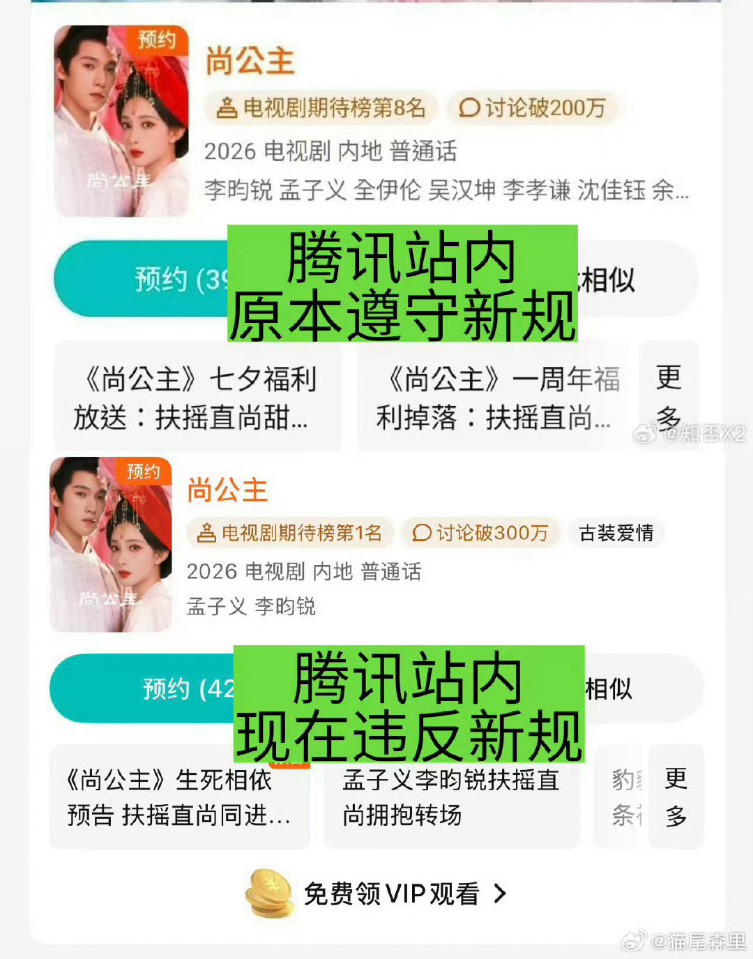 #尚公主腾讯署名孟子义李昀锐#
根据三大影视协会发布的演员署名新规，同档位领衔主演必须严格按照法定姓名姓氏笔画顺序进行署名排位。新丽传媒与腾讯视频联合出品的《尚公主》剧组相关宣传物料公然无视行业规范，不落实笔画排序要求，属于违规操作。
#尚公主公然违抗广电新规# ​