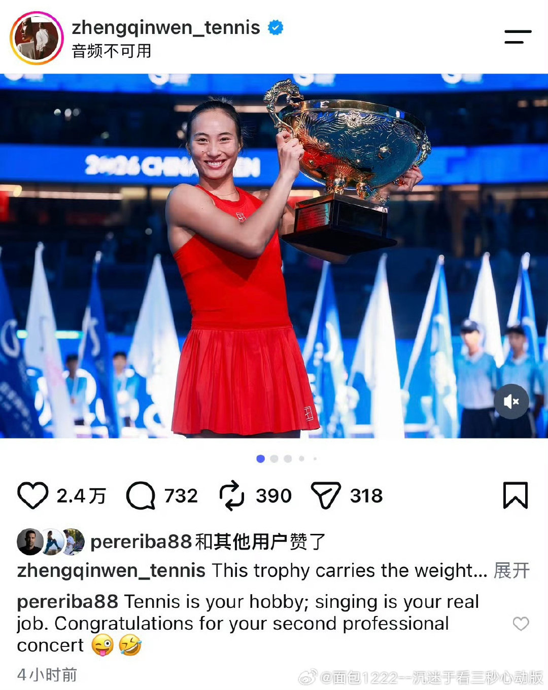 郑钦文刚拿下2026年中网女单冠军，她的教练佩雷·里巴就在她社交动态下留了一句“网球只是爱好唱歌才是你真正工作”的逗趣评论。  一、教练留言的核心内容- 留言原文：里巴在郑钦文的夺冠动态下用英文评论，