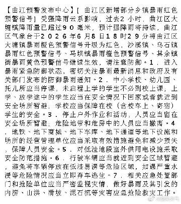 【曲江预警发布中心】[曲江区新增部分乡镇暴雨红色预警信号]受强降雨云系...