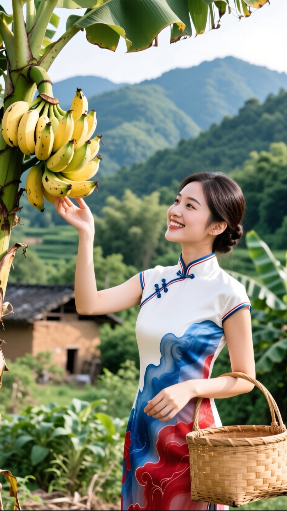 旗袍美女采摘香蕉