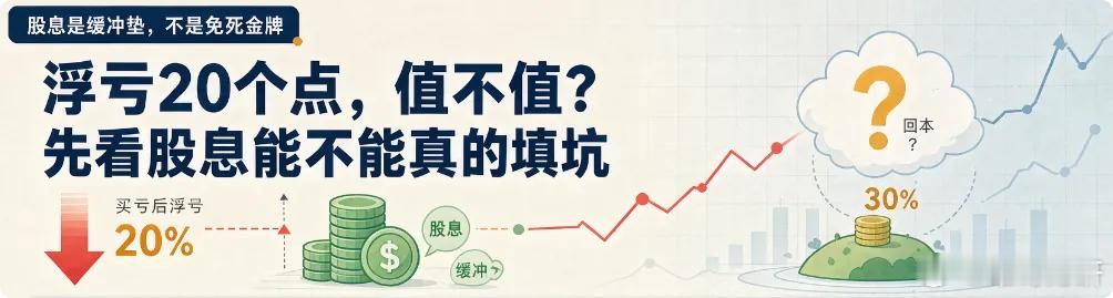 很多人问：为了拿股息，浮亏20%到底值不值？我们先算一笔账。假设你100元买入一只股息率5%的股票，一年后股价跌到80元，表面看浮亏20%。但别忘了，你已经落袋了5%的股息。实际亏损，只有15%。这5%，就是高股息策略给你上的第一道保险。更乐观地想：今年少亏5%，明年再少亏5%。只要公司分红稳定，不出四年，光靠股息就能把浮亏填平。更何况，股价也不会永远跌。只要中途有一次像样的反弹，回本周期还会大幅缩短。当然，有人会说：这不就是阿Q精神吗？万一买在历史大顶，像中石油那样，十年都回不来怎么办？我的回答是：如果你真的买在了山顶，说明选股能力确实需要提升。但承认这一点，不代表只能躺平认输。如果你的持仓具备三个特征——股息率稳定、行业地位稳固、没有ST风险——那么低位用股息加仓，反而是摊薄成本、加速回本的最优解。最后说一个被90%的人忽略的前提：用来投资的钱，必须是至少一年内用不到的闲钱。 只有本金是闲钱，你才敢在下跌时加仓，才能在拿到股息时真正开心，而不是焦虑。投资路漫漫，涨涨跌跌是常态。...