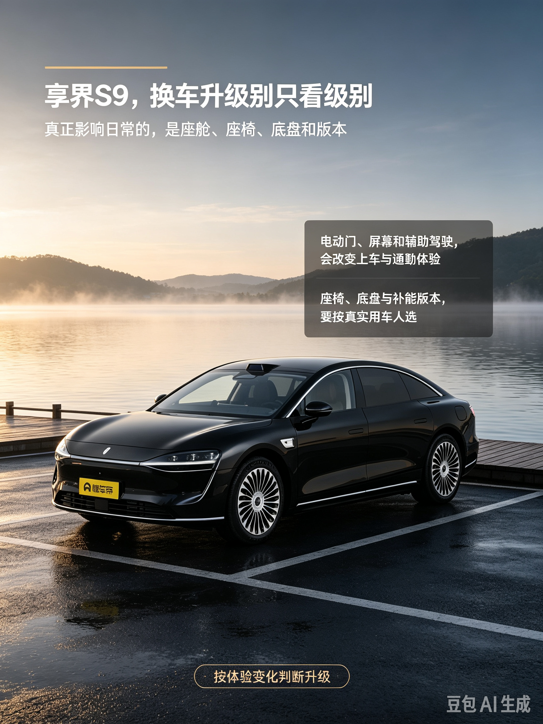 享界S9，整体气场很强，坐进车内能明显感受到升级感。后排的乘坐体验很出彩，车机交互上手简单，长途开着也省心。不过车身比较宽大，在狭窄路段或者小车位停车的时候要多留意。适合想要提升出行质感，经常带家人出行的人，换车的时候可以着重感受座舱和底盘带来的变化。【来自懂车帝车友圈】