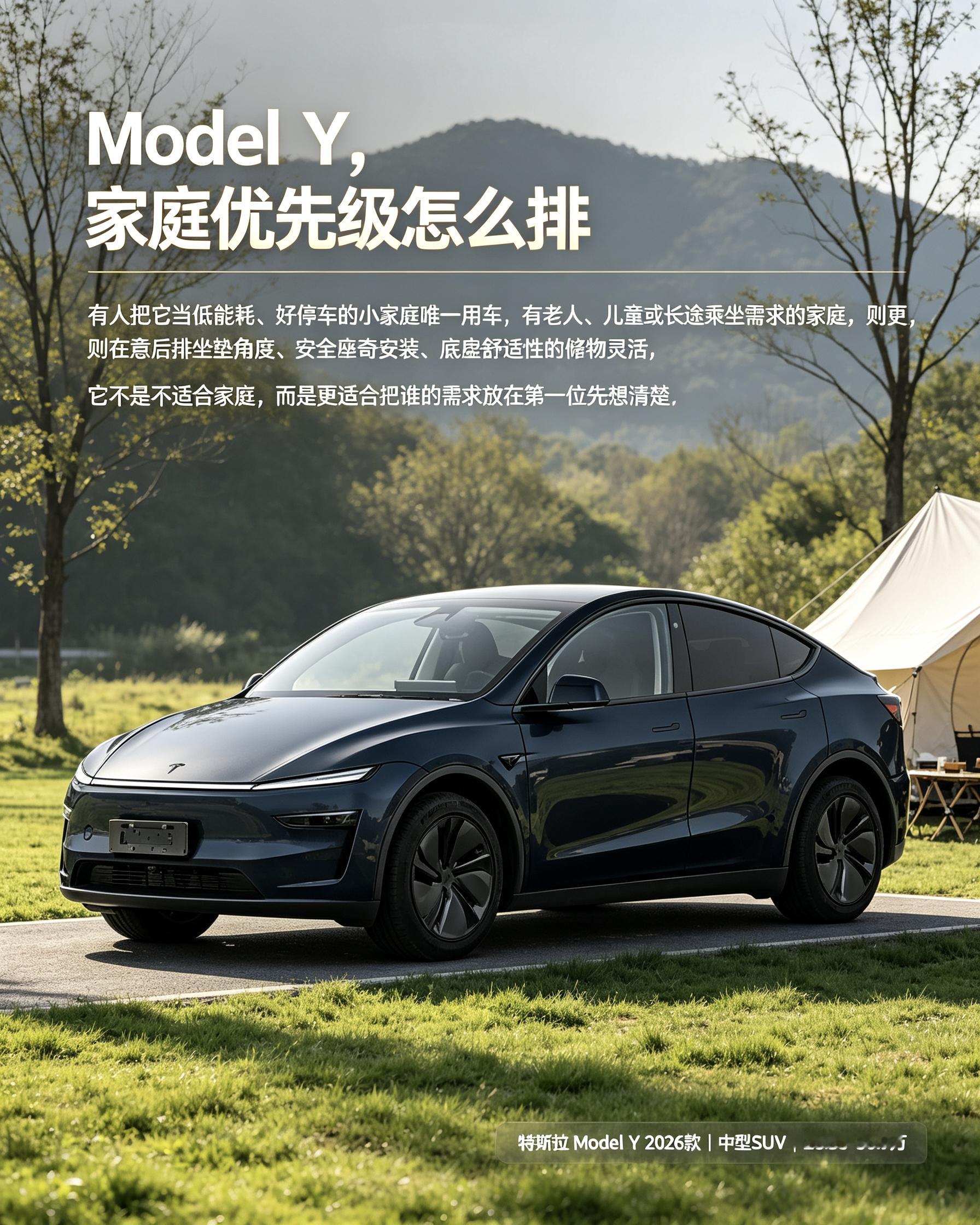 特斯拉Model Y：能耗低、好停车。家里老人小孩经常长途坐，要留意后排坐垫角度和底盘舒适性。【来自懂车帝车友圈】