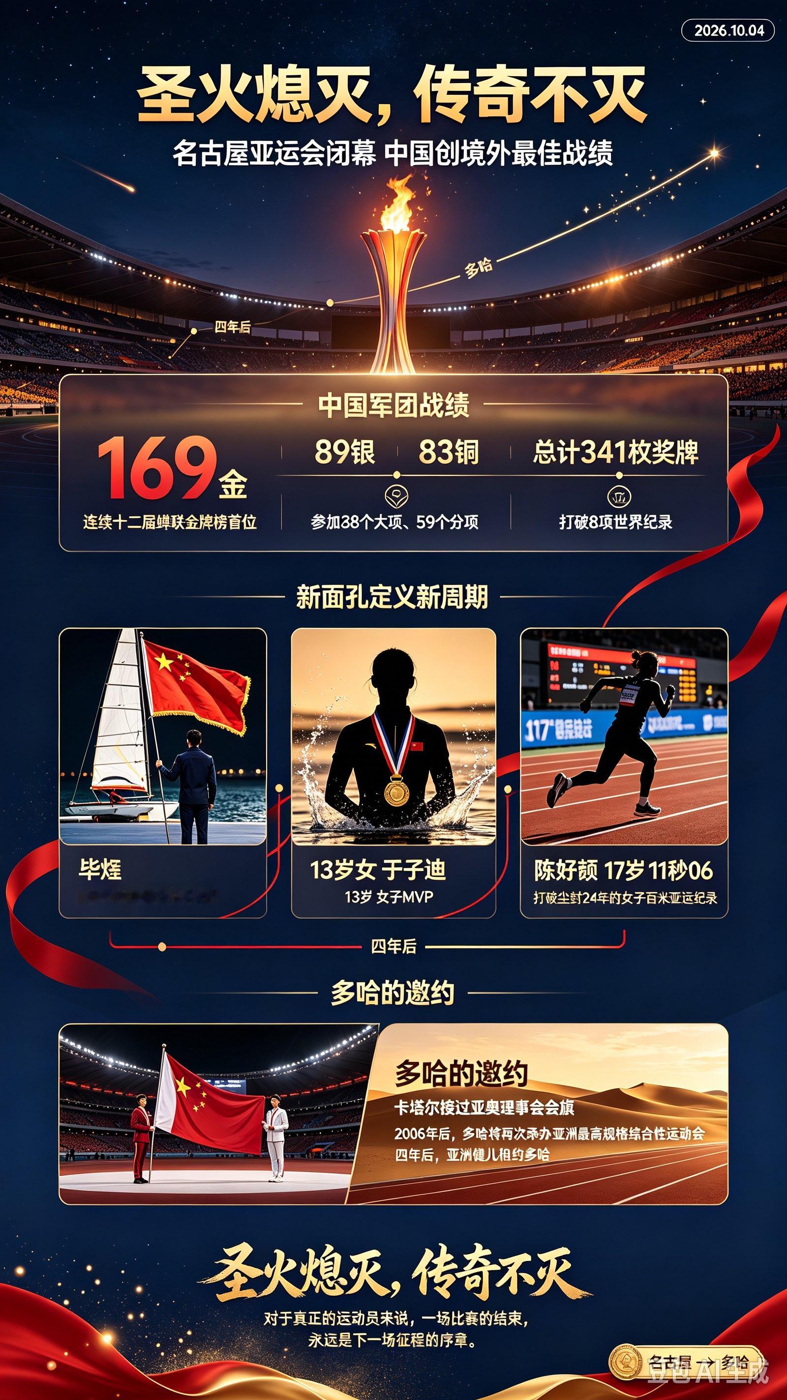 2026年10月4日，第二十届亚洲运动会在名古屋瑞穗公园田径场落下帷幕。燃烧了16天的亚运圣火缓缓熄灭，但这场盛会留给亚洲体坛的震动远未结束。‌￼‌￼
 
中国军团：