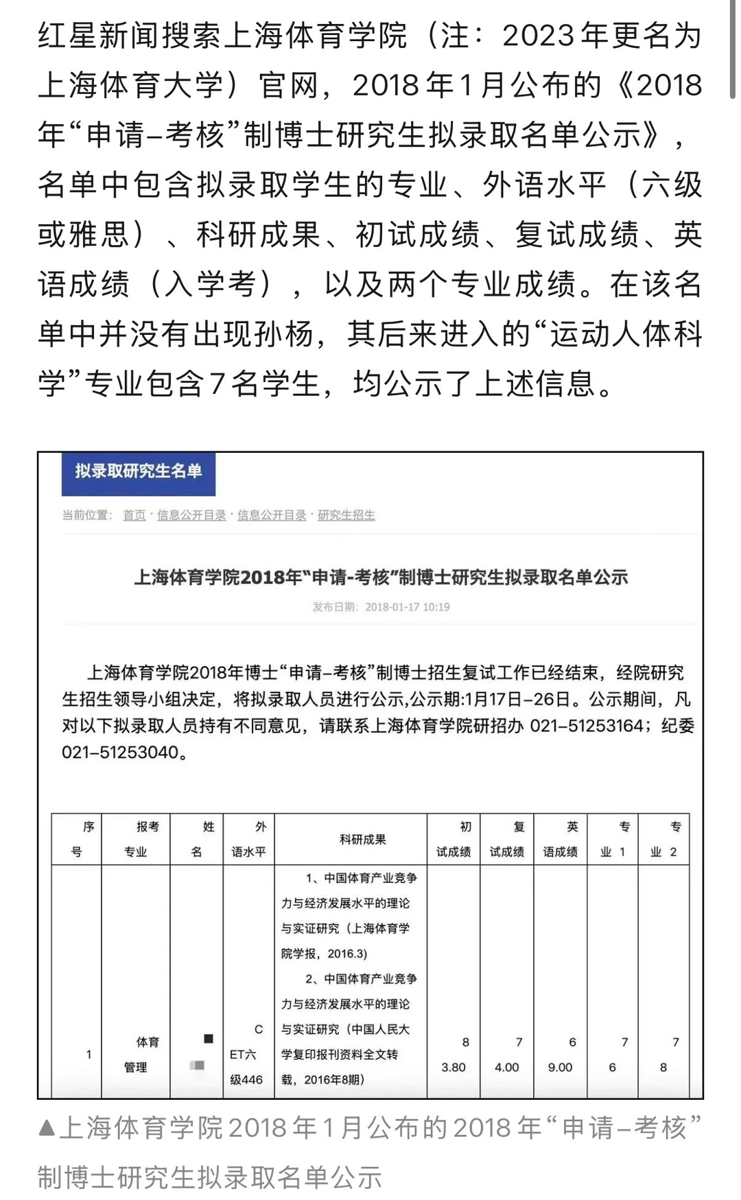 孙杨博士入学资格受质疑，上海体育大学研招