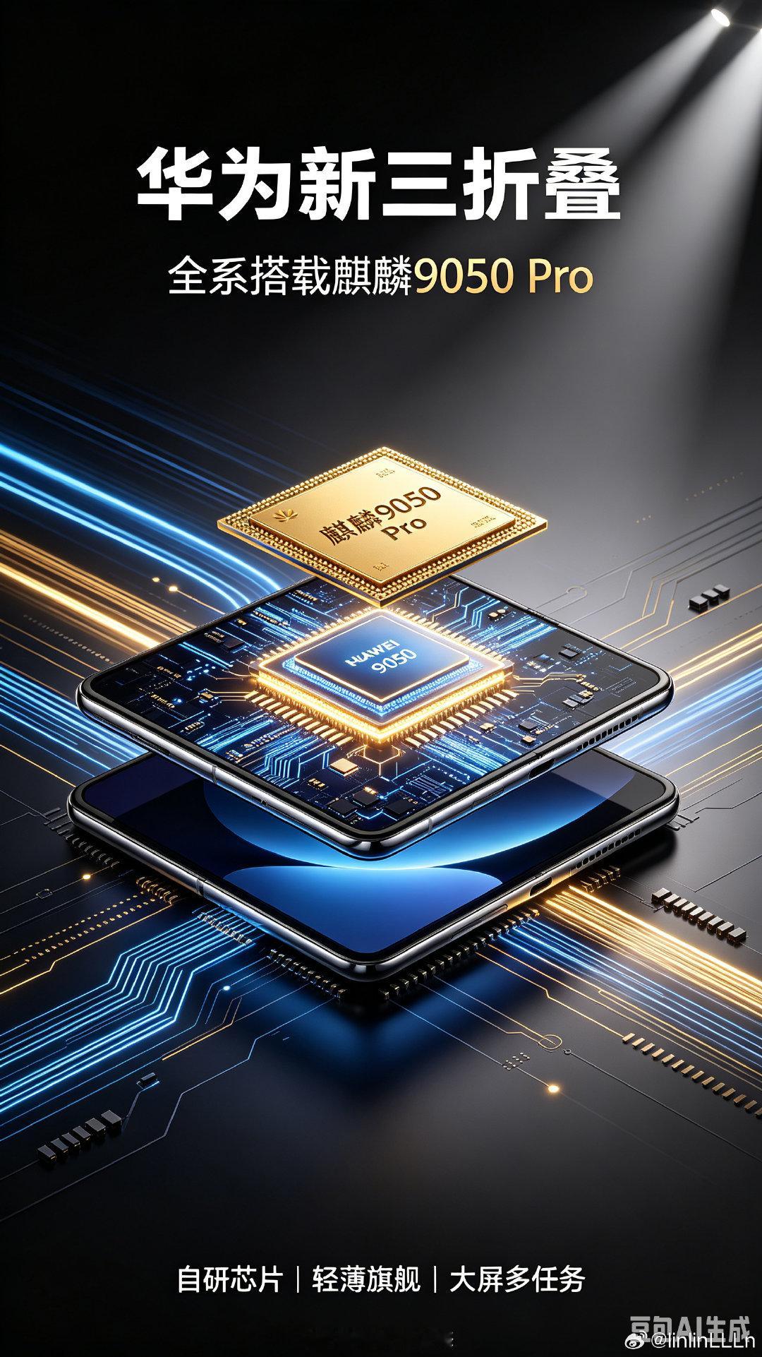 #华为新三折叠全系搭载麒麟9050Pro#全新展翼三折叠焕新登场，麒麟9050 Pro成为全系标配，时延得到优化升级，折叠机型的综合实力进一步释放#华为发布会时隔六年解读新麒麟芯片# ​