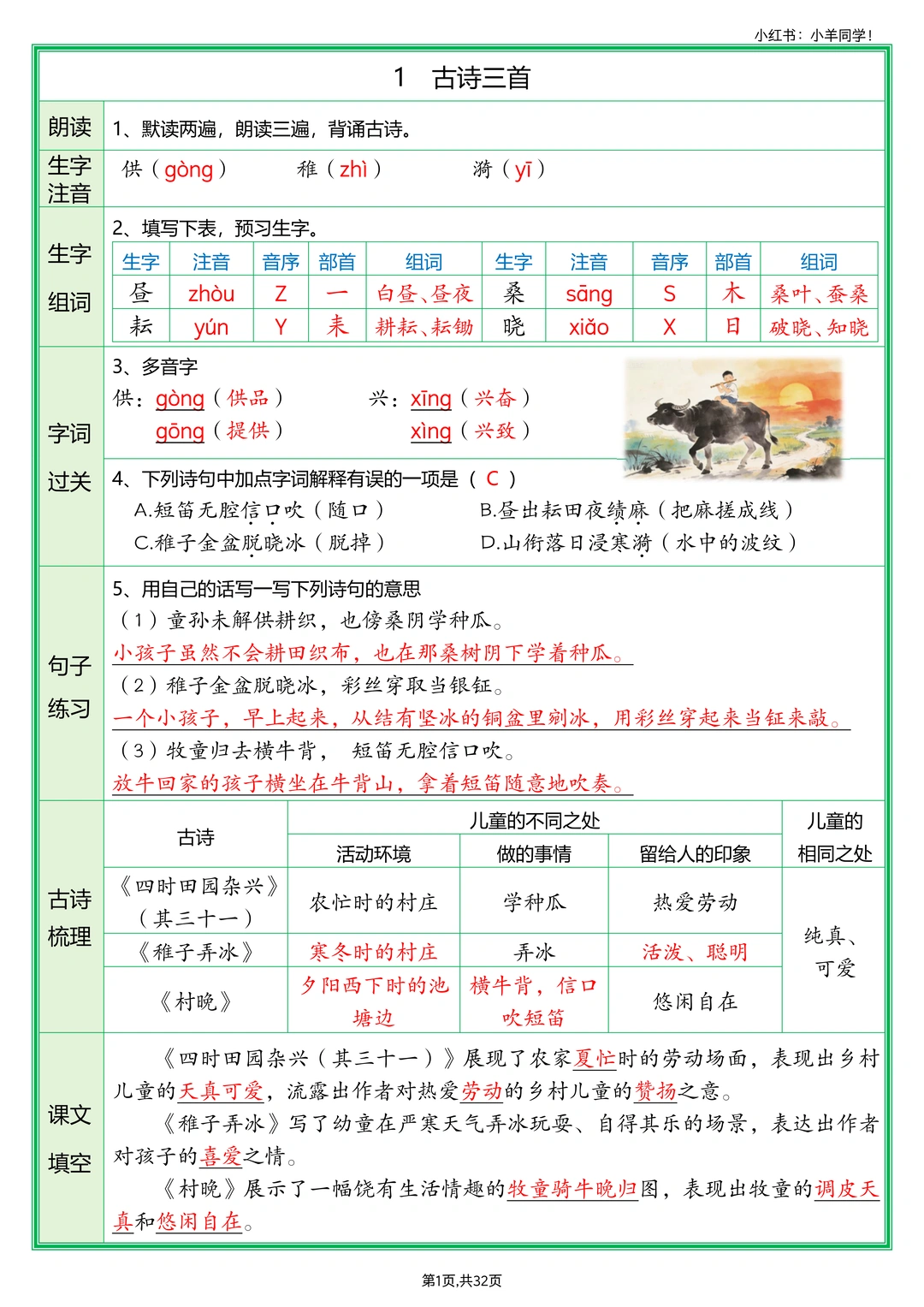 五年级下册丨语文预习单（空白+答案）