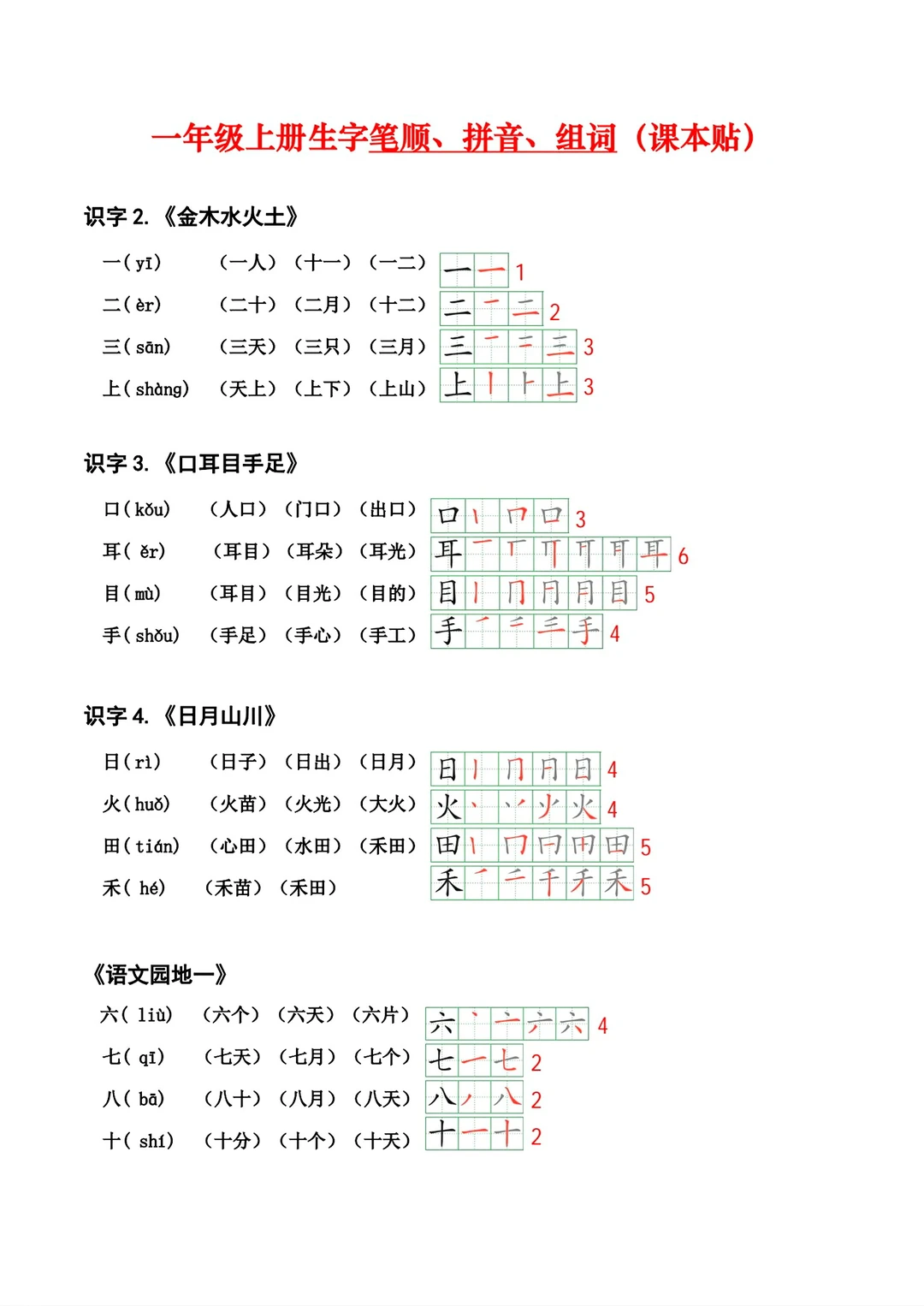 24秋新版最新一年级上册语文生字笔画