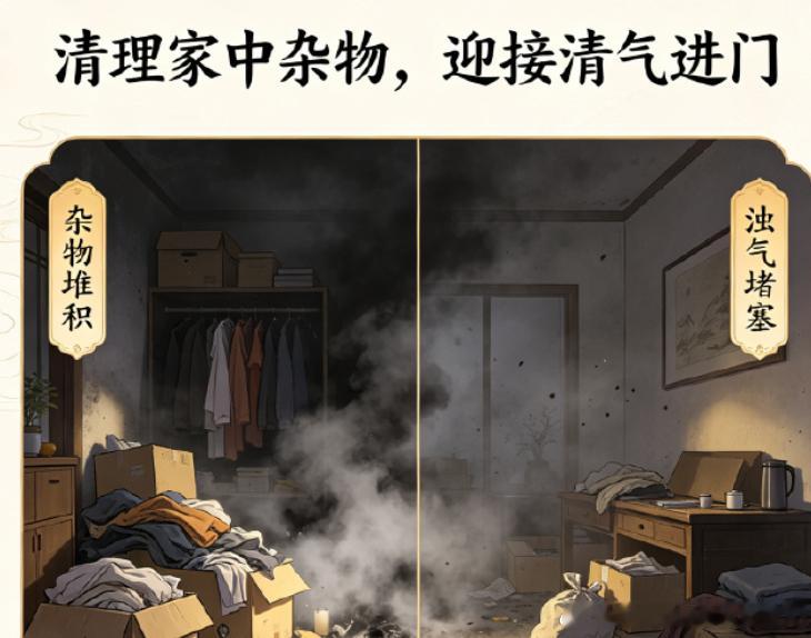 家中杂物堆积，浊气难散，运势阻滞，易扰身心、有碍健康，断舍离，清宅纳福，色调暗沉，家中一定不要攒破烂、堆积杂物。一定要学会清理家中不要的衣物，或者不用的生活用品。家中杂物堆积太多，也会给自己的运势带来影响。 ​​​