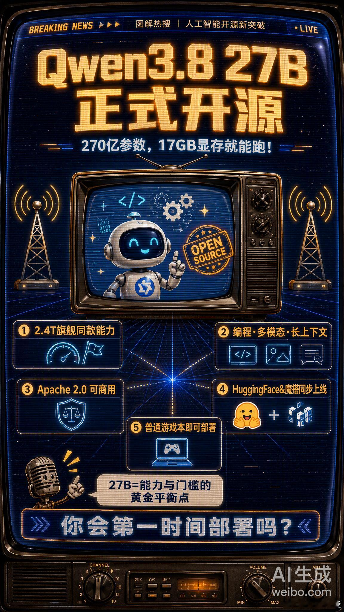 827B发布！Qwen3.8-27B 正式开源了。 几个值得关注的点...