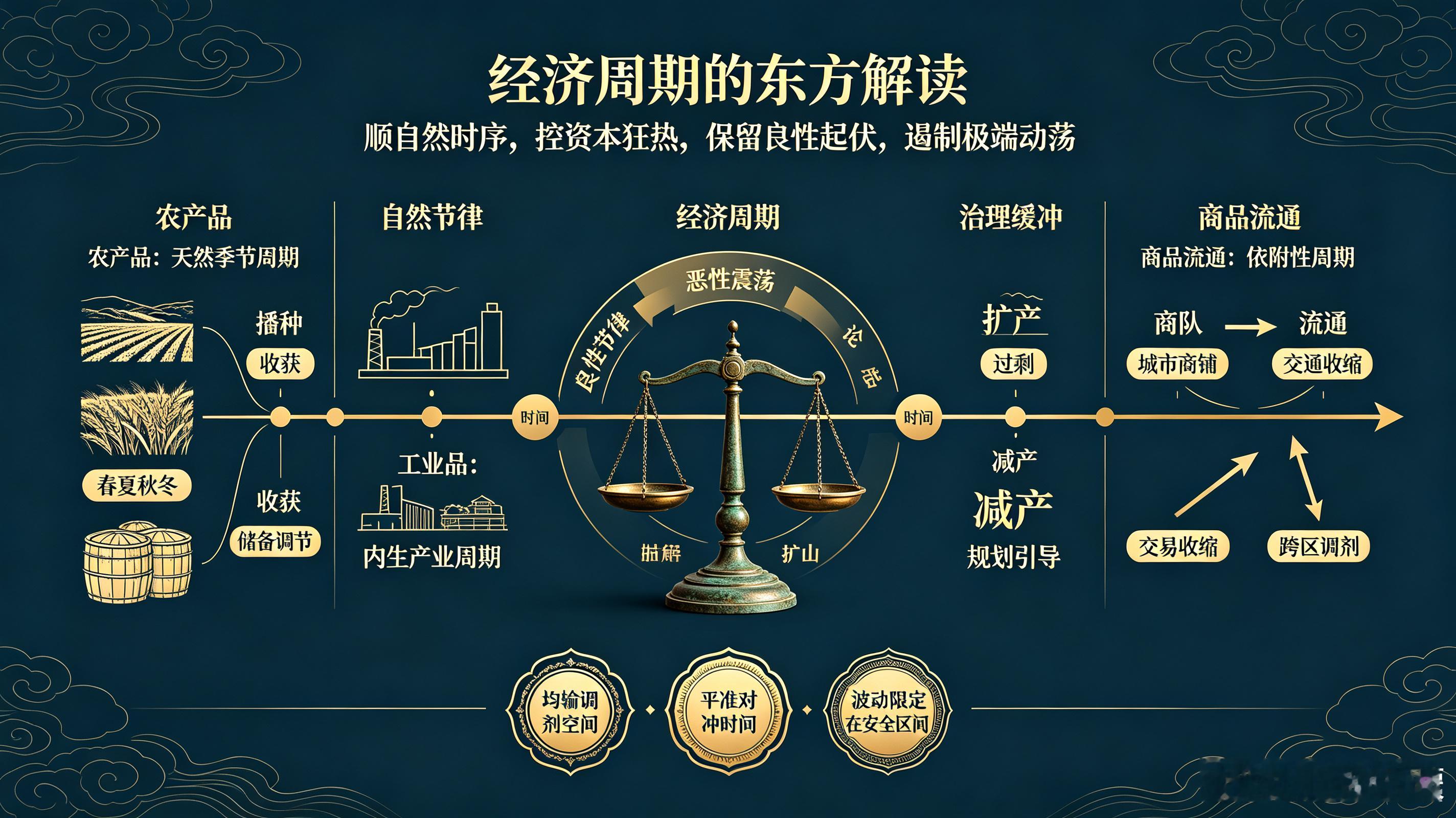 东方经济学---周期
 
自然有日夜、四季更替，经济活动也随之产生周期，但周期不等于必然暴涨暴跌。
 
一、农产品：天然季节周期，剧烈波动可调节
 
农产品生产受季节约束，供给间断、需求持续，必然存在季节周期。
 
- 良性节律：收获季供给多、非收获季供给少，形成正常季节性价差，维持生产激励。
​