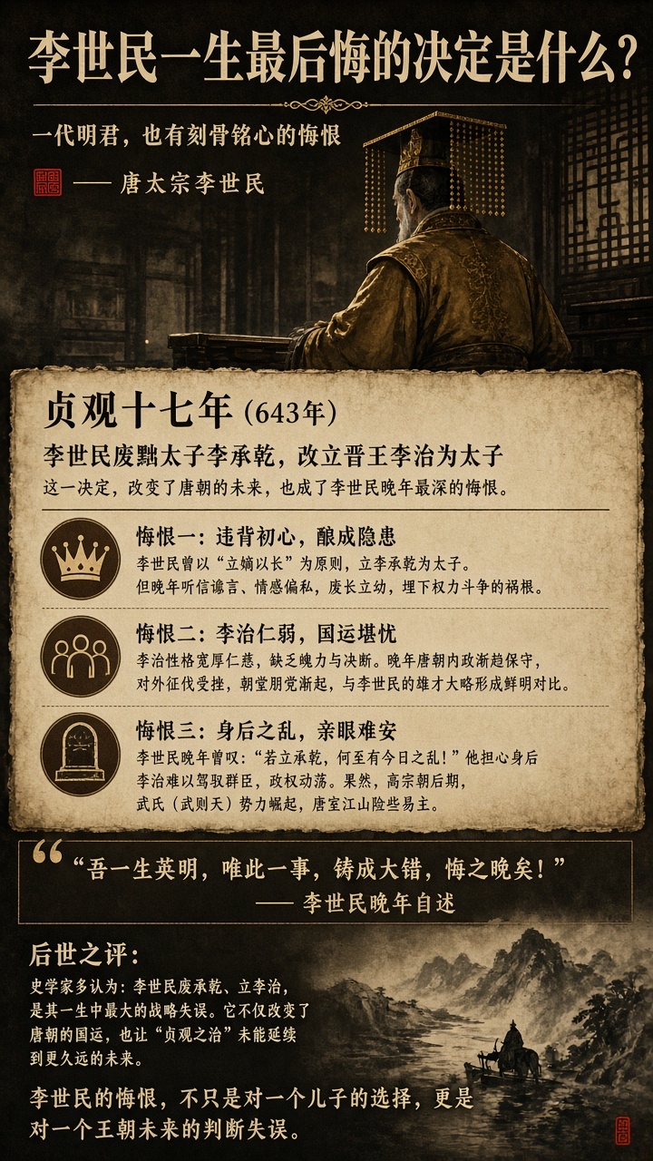 “李世民临终前攥着《立晋王诏》颤抖了半炷香——他一生最悔的不是玄武门，不是征高丽，而是亲手把‘贞观操作系统’的管理员密码，交给了一个连开机键都按不准的接班人：李治。”

史书说：太宗“择贤而立”，废承乾、黜李泰，终立晋王李治。
后人赞他深谋远虑、以国为重。
可翻开《贞观政要》《旧唐书》《资治通鉴》三