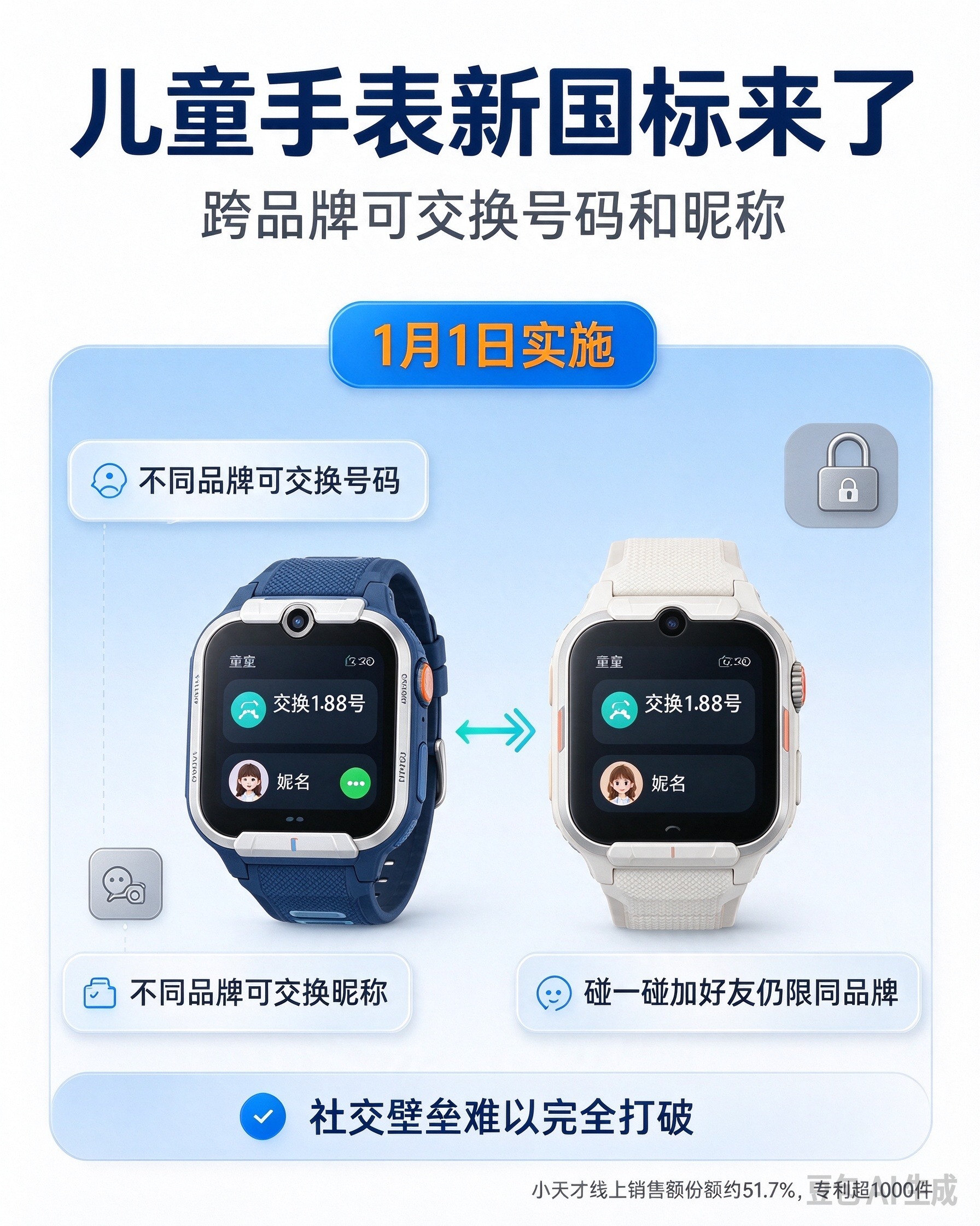 【#儿童手表新规难破小天才社交壁垒#】#小天才申请手表专利超1000件#

10 月 20 日，小天才封闭社交模式引发热议。家长吐槽其仅支持同品牌 “碰一碰” 加好友，不同品牌儿童手表无法互联，被网友称作 “合群税”。

数据显示，2026 年 4 月小天才线上销售额份额达 51.7%，手握超千件手表相关专利。2027 ​