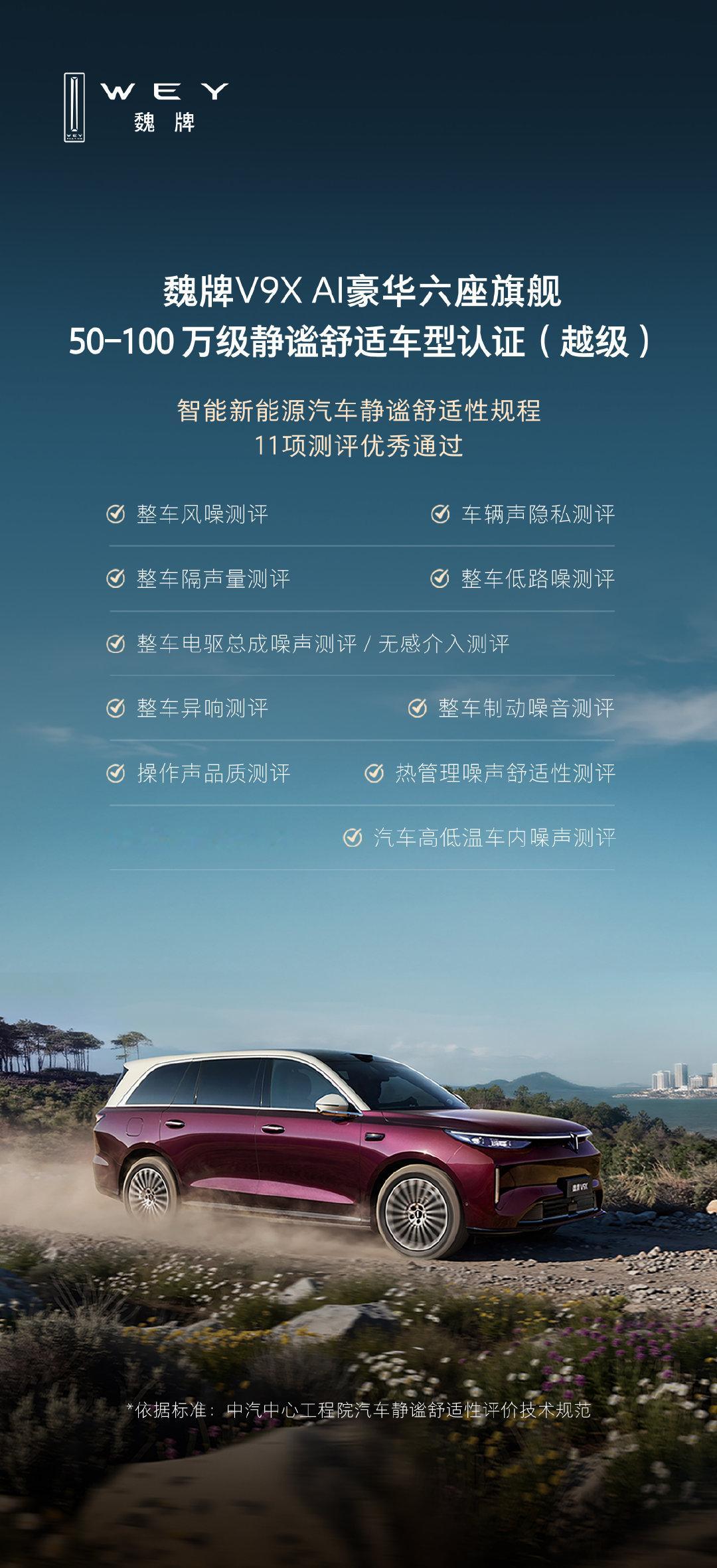 中汽研认证越级静谧舒适
隔绝喧嚣，舒享深海级静谧
豪华，不必声张
#魏牌V9X##优雅从容新旗舰# ​​​​