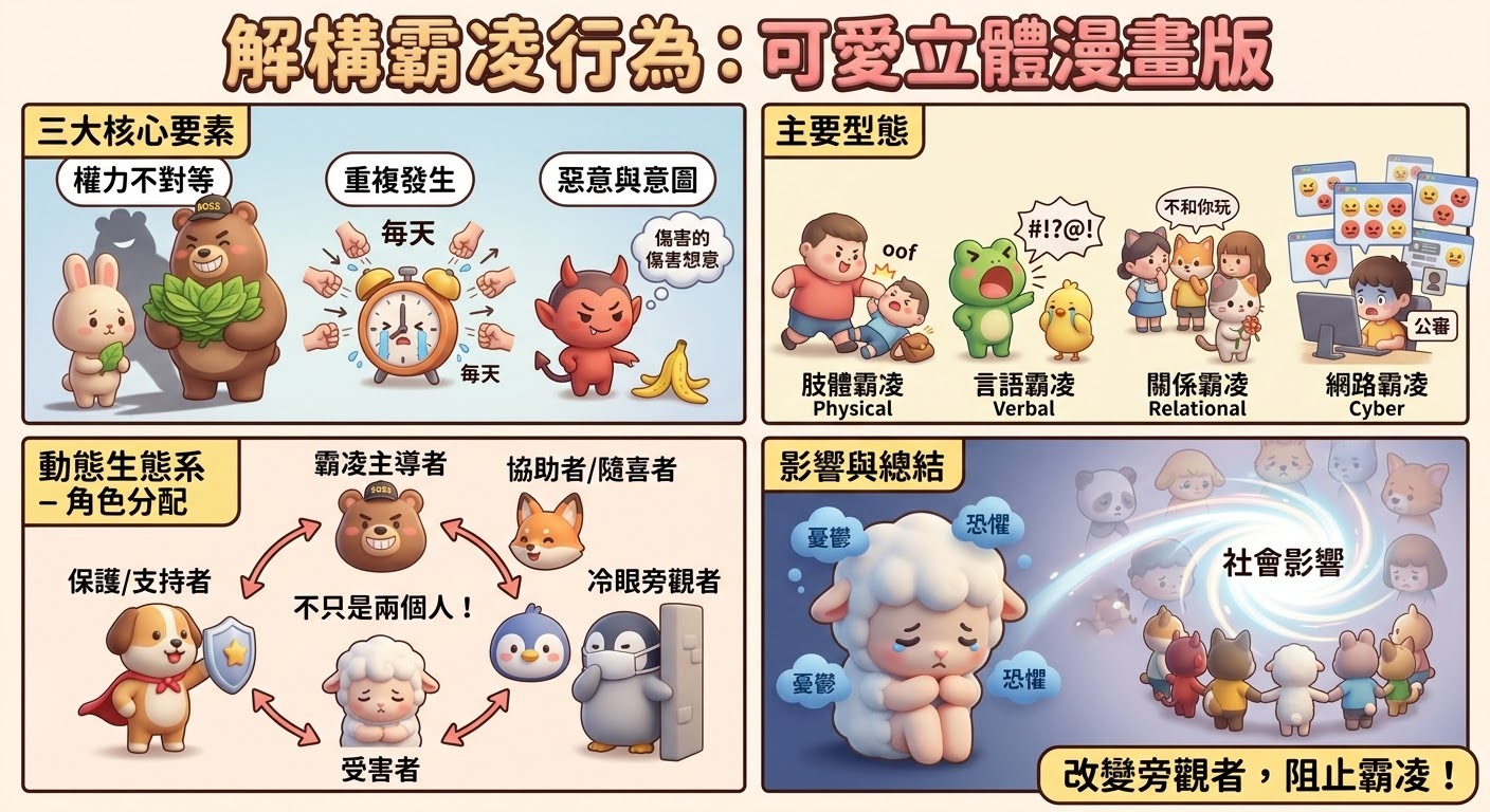 霸凌（Bullying，或稱校園/職場欺凌）是一種具有意圖性、重複性，且涉及不對等權力關係的攻擊行為。它不單純是人與人之間的「爭吵」或「開玩笑」，而是一種深層的心理、社交與權力結構問題。
要深入解構霸凌行為，我們可以從核心要素、常見型態、參與者角色、深層成因以及個人與社會影響五個維度來分析 ​