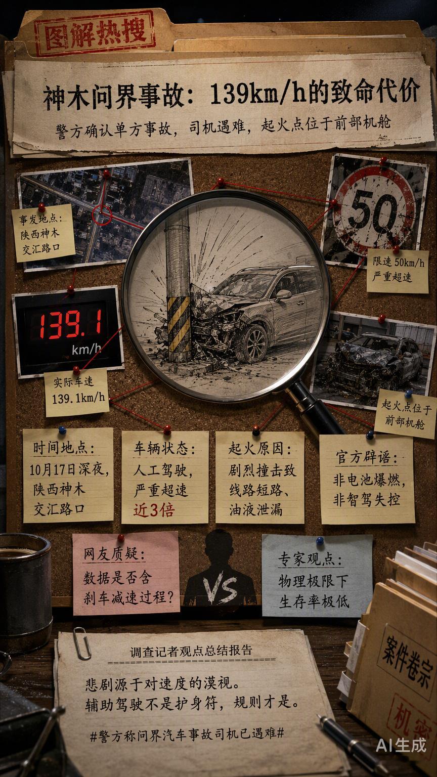 限速50的路口开到140，这已经超出了讨论车辆安全的范畴，这是在挑战物理极限。

这次问界事故悲剧的核心，不是电池有没有爆燃，也不是智驾有没有介入，而是那个触目惊心的139.1km/h。在这个速度下撞击固定物，哪怕是坦克恐怕也扛不住。车企回应说起火是因为前部机舱剧烈撞击导致油液泄漏和线路短路，这 ​