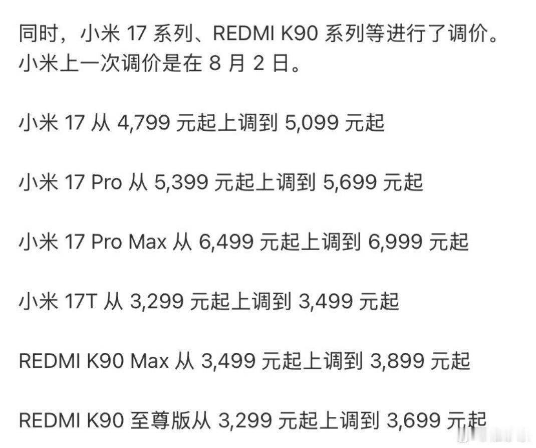 10月9日华为、小米同日调价，小米17 Ultra全系上涨1000元，标准版起售价从6999元涨至7999元，华为nova16系列跟涨200至400元，这是年内国产手机第四波集体涨价，等双11降价的等