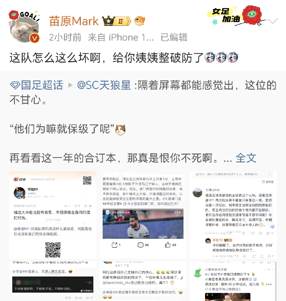 苗原社媒发文表示，天津津门虎太坏了，成功保级把李璇整搞破防了。

津门虎上演史诗保级之后，媒体圈也上演趣味论战，苗原社媒调侃直言，津门虎属实太“坏”，硬生生把李璇给整破防。这场客场 1‑0 拿下河南，球队基本上岸，可赛后李璇点评直言津门虎保级靠河南衬托，这番言论瞬间点燃津门球迷情绪，球迷组织晒出过往