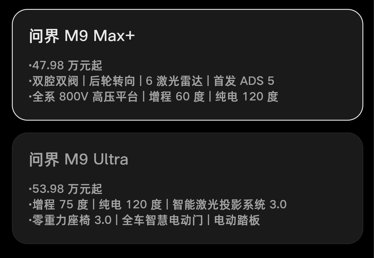 晚安之前再发个帖。奕境X9预售价如下:

Max长续航版本            29.98W
四驱Ultra+长续航版本  33.98W
四驱Ultra+旗舰长续航  37.98W

这价格和问界M9相比性价比拉满了~
华为乾崑智驾车型的竞争是真激烈呀~

#科技数码# #奕境x9# #新能源汽车# #汽车[超话]# ​