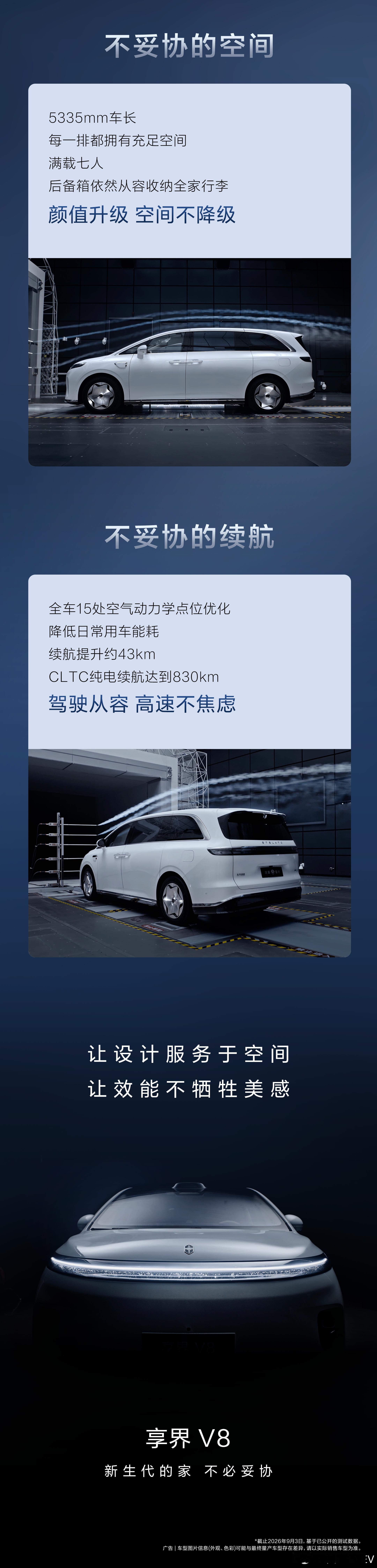 #享界V8# MPV想要大空间，往往就要牺牲风阻和续航，享界V8给出了不一样的解题思路。

这台家庭智慧旗舰MPV做到0.226的风阻系数，在MPV车型里属于比较不错的水平。

整车完成15处空气动力学点位优化，兼顾流畅优雅的车身造型，没有为了气动效率做得过度怪异。

5335mm的车长保障七座完整空间，满载七人 ​