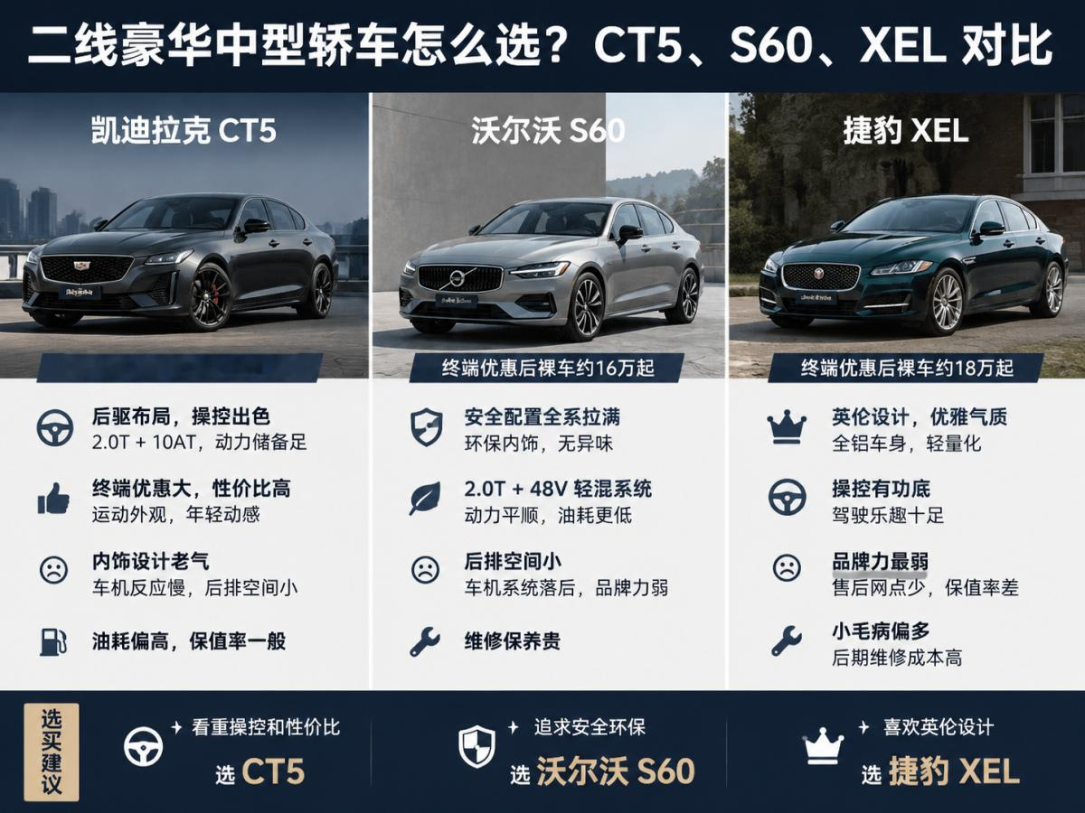 二线豪华中型轿车怎么选？CT5、S60、XEL 对比
凯迪拉克 CT5 后驱布局操控好，2.0T 加 10AT 动力储备足，终端优惠大，裸车 20 万左右性价比高，运动外观年轻，但内饰设计老气，车机反应慢，后排空间小，油耗偏高，保值率一般。沃尔沃 S60 30.69 万起，安全配置全系拉满，环保内饰