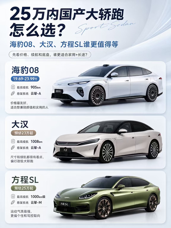 25万内国产大轿跑怎么选？海豹08、大汉、方程