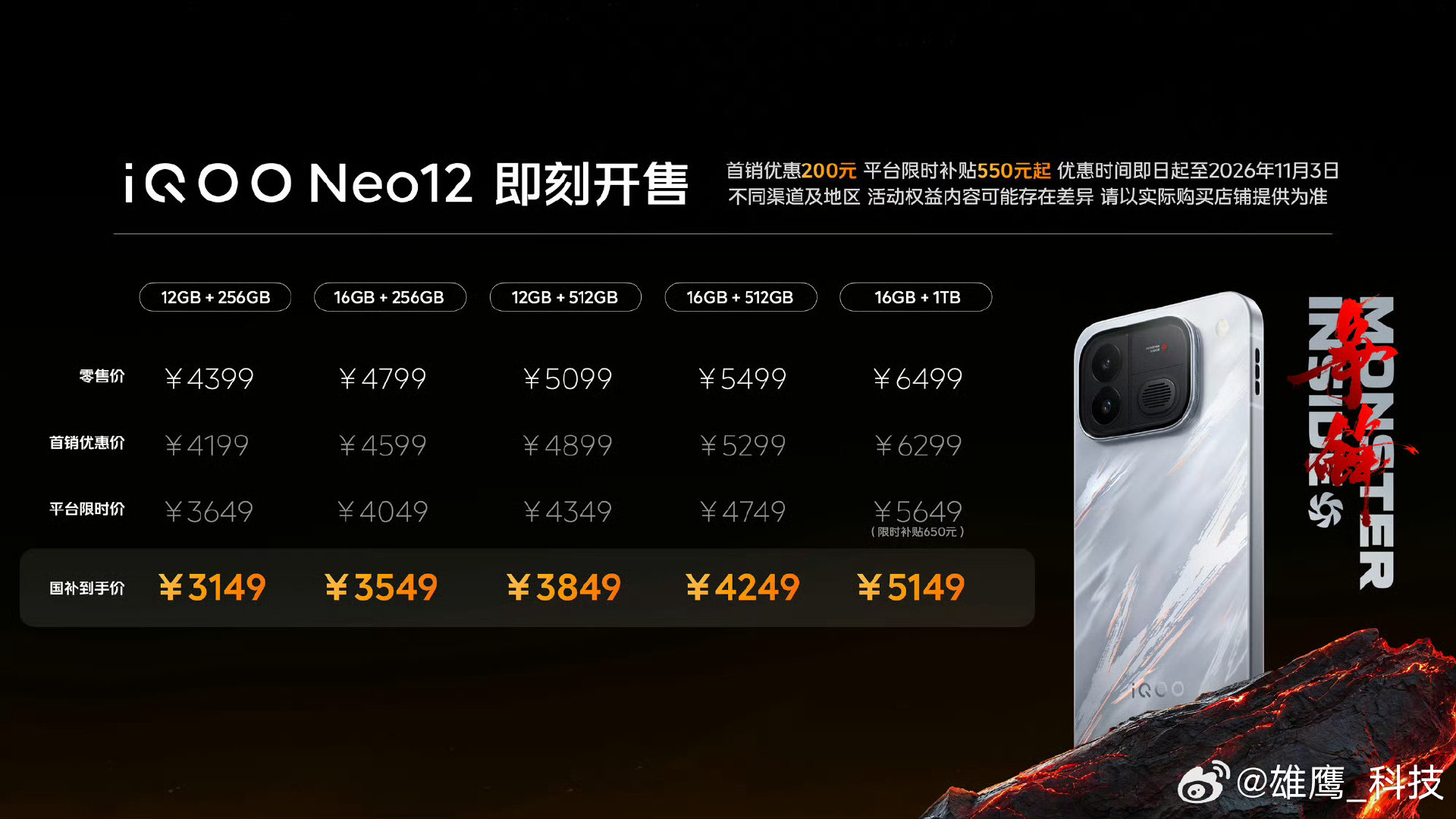 #iQOO Neo12# 
终于上新啦！
6.82英寸2K 185Hz高刷屏看着很通透，第五代骁龙8至尊版搭配自研Q3电竞芯片，冰穹散热稳住温度，光追、超分、超帧能一起开。9000mAh大电池配100W快充，续航充电双在线。国补后3149起，爱玩游戏的朋友真的可以考虑冲一下！ ​