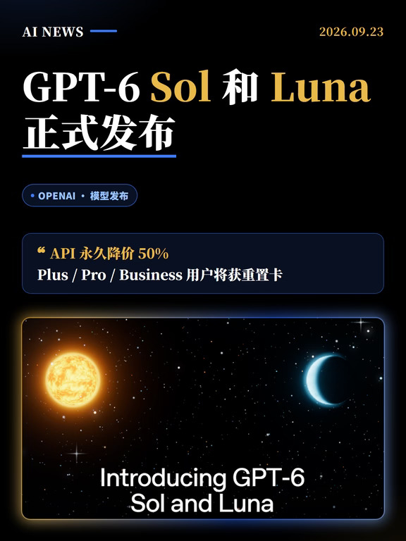 GPT-6 Sol/Luna 正式发布！API永久降价50%