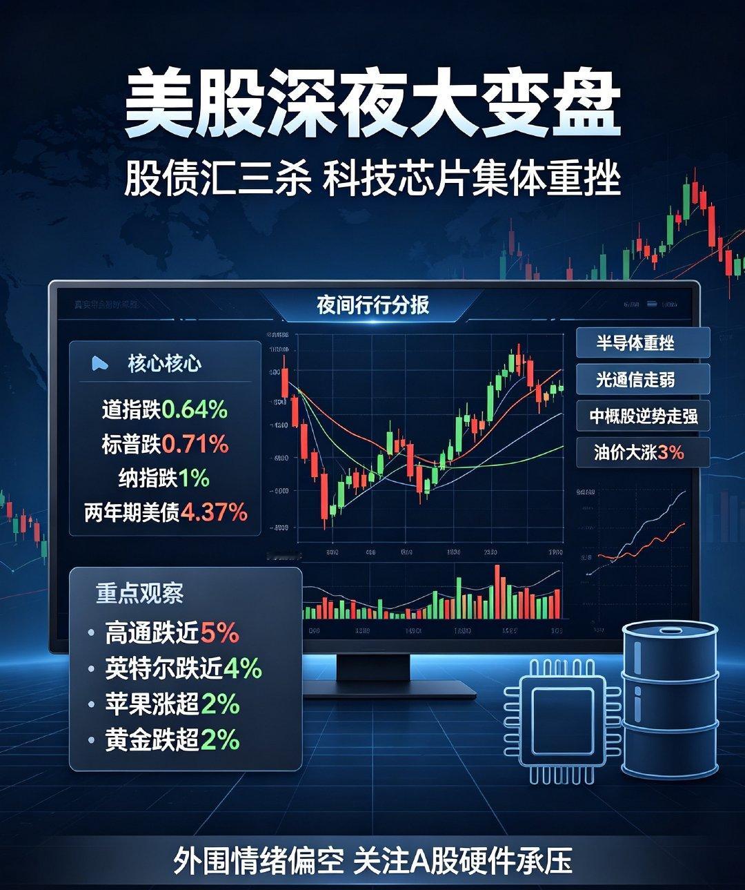 美股深夜大变盘！股债汇三杀，科技芯片集体重挫

周二晚间美股整体走弱，三大指数全线收跌，道指跌0.64%，标普跌0.71%，纳指跌幅收窄至1%。市场罕见走出股债汇三杀行情，美债各期限收益率大幅走高，两年期美债收益率升至4.37%，美元指数小幅回落，全球资产波动明显加剧。

美股科技巨头严重分化，没有 ​