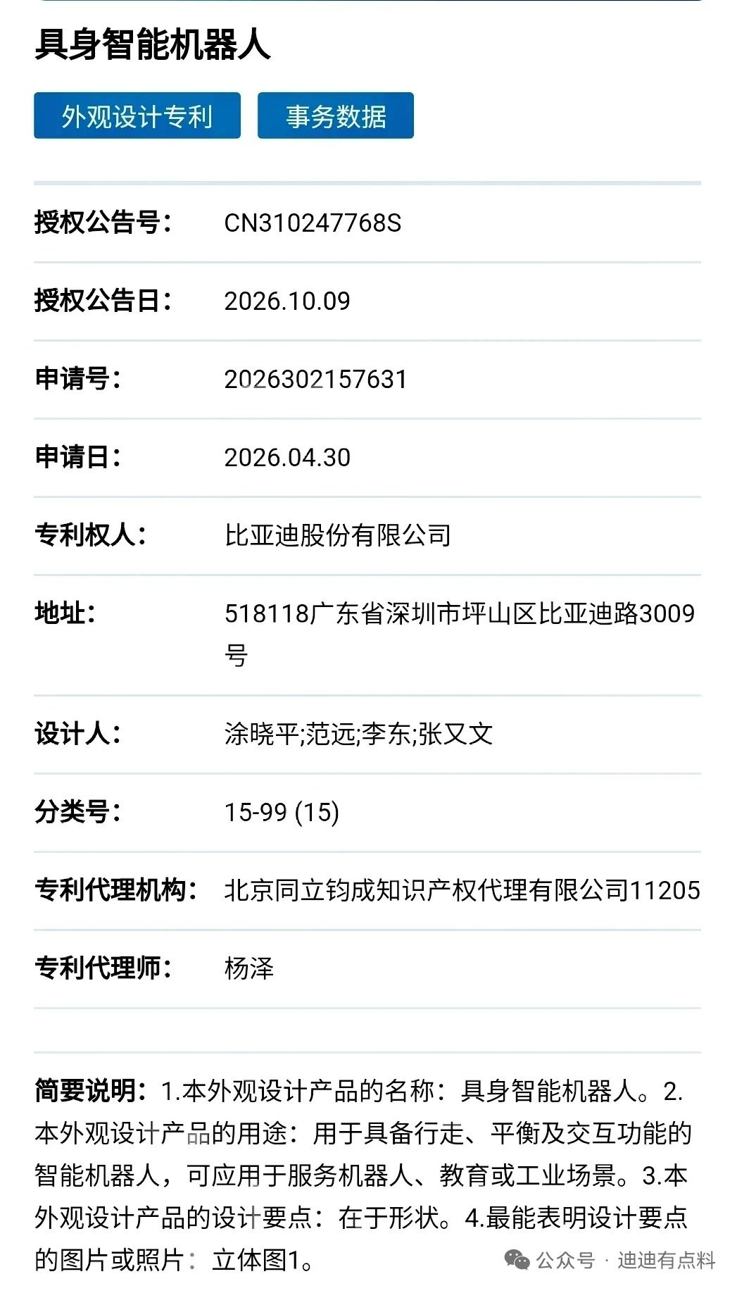 比亚迪开辟新赛道！具身机器人外观专利发布！#比亚迪[超话]##机器人[超话]# ​