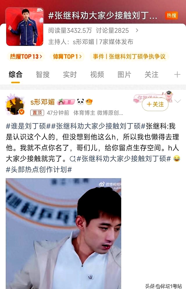 张继科劝大家少接触刘丁硕 直接冲上全网体育热搜第一，阅读量迅速突破3432万。
昔日同在山东鲁能体系下的师兄弟，如今算是彻底撕破了脸。
 

张继科在直播里那句“我认识这个人，但没想到他这么坏，我就不点你名了，给你留点生存空间。坏人大家少接触就完了”，直接引爆了整个乒乓圈。
 

这事表面上看是脾
